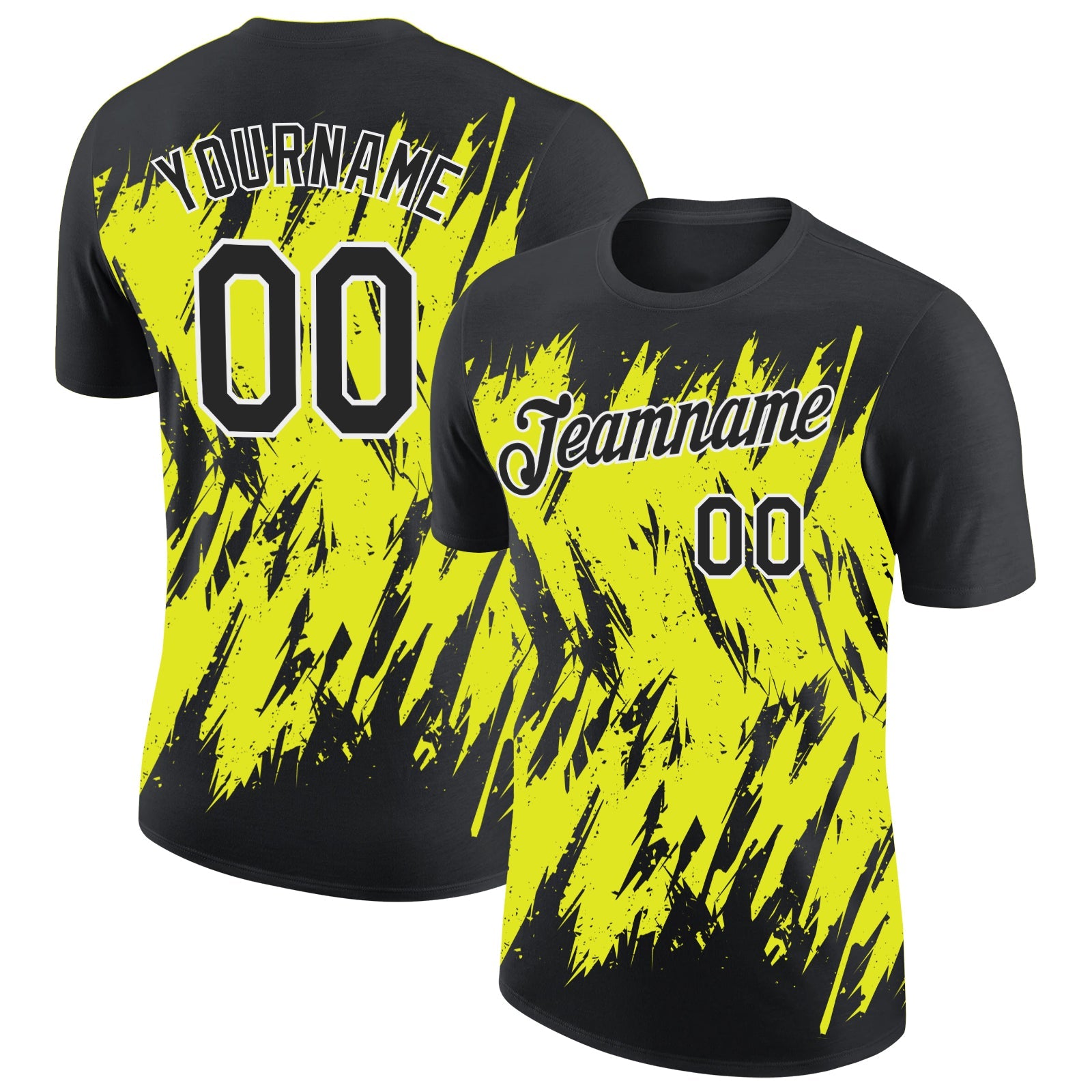 Custom Black Neon Yellow-White Torn Sharp Brush Stroke Splatter Performance T-Shirt - Main View