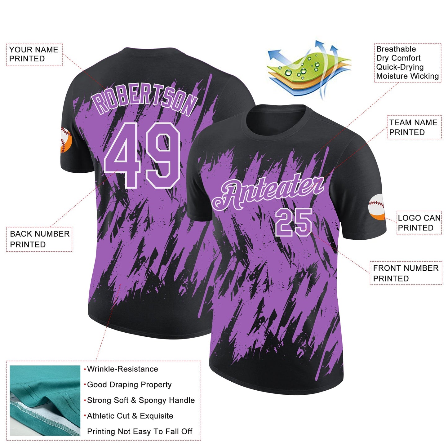Custom Black Medium Purple-White Torn Sharp Brush Stroke Splatter Performance T-Shirt view 2