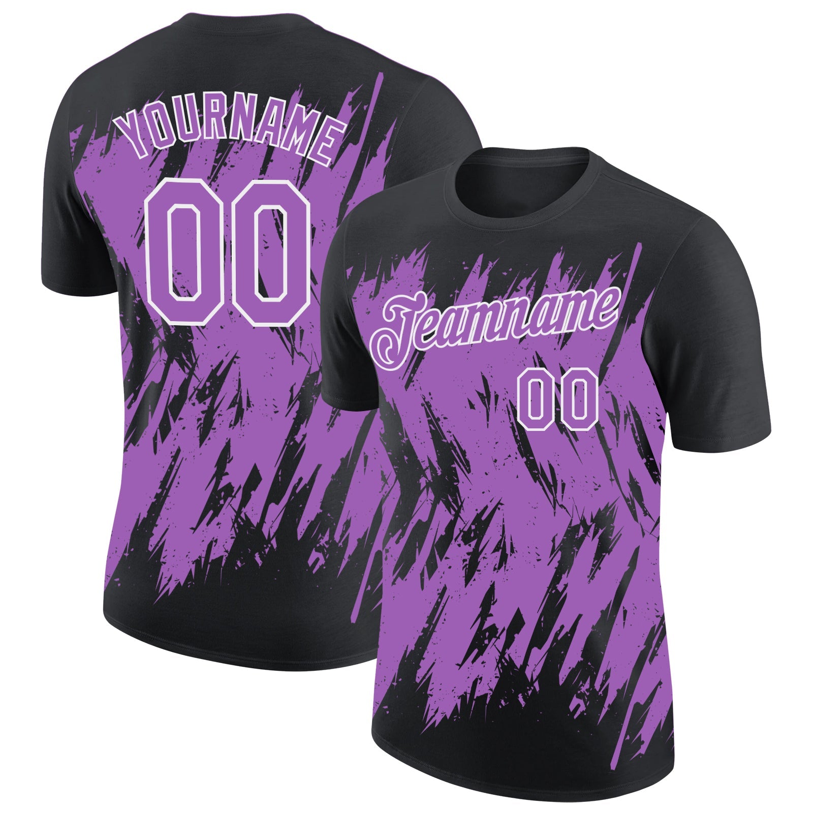 Custom Black Medium Purple-White Torn Sharp Brush Stroke Splatter Performance T-Shirt - Main View