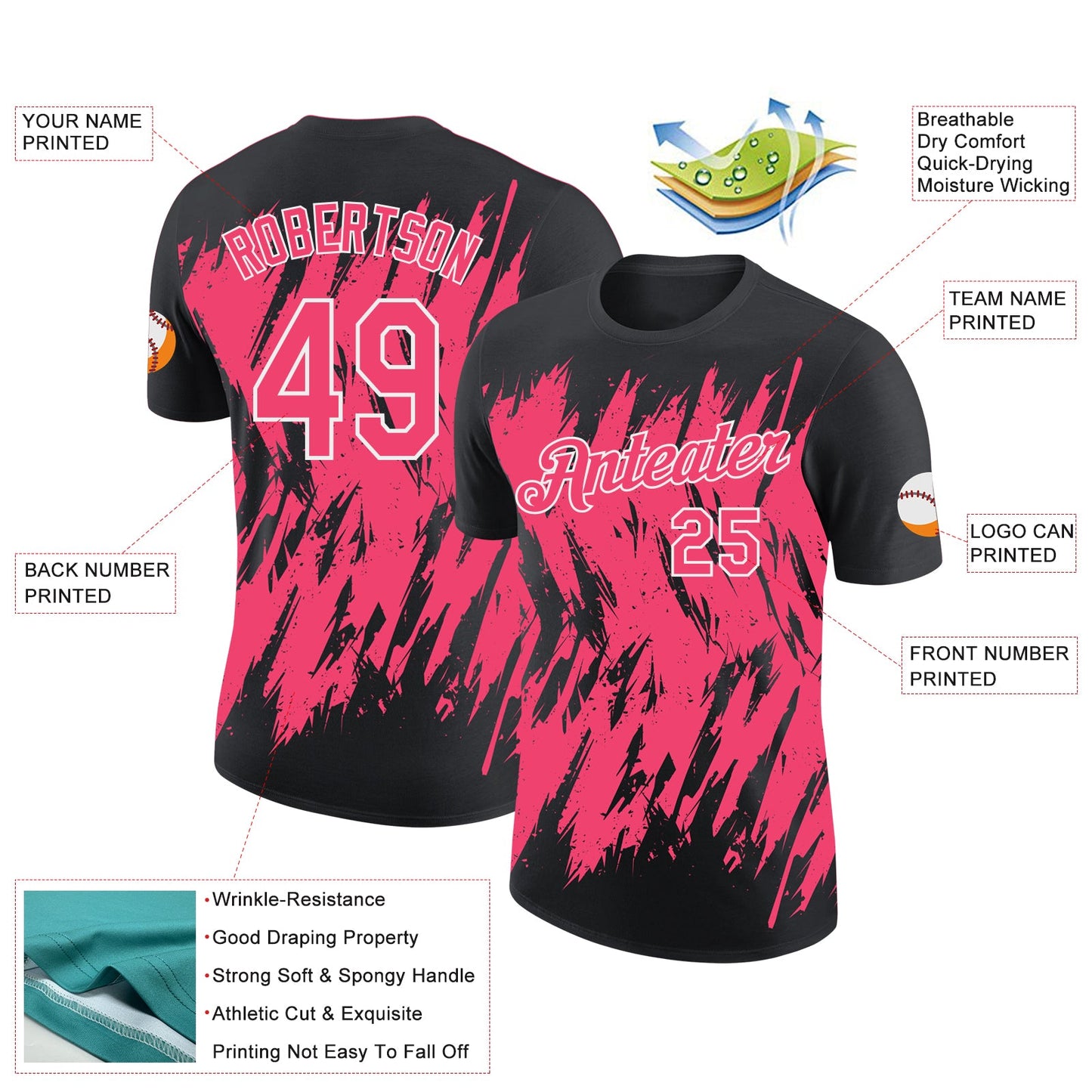 Custom Black Neon Pink-White Torn Sharp Brush Stroke Splatter Performance T-Shirt view 2