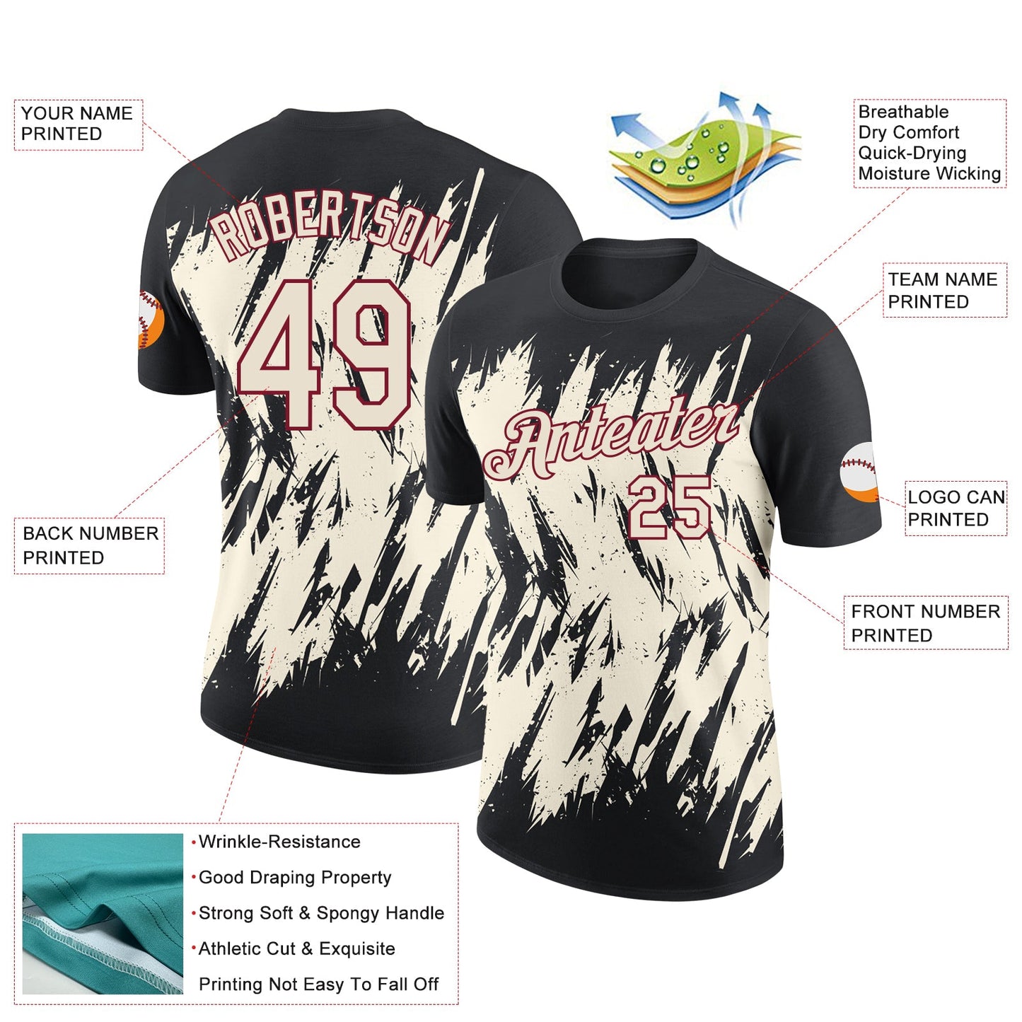 Custom Black Cream-Crimson Torn Sharp Brush Stroke Splatter Performance T-Shirt view 2