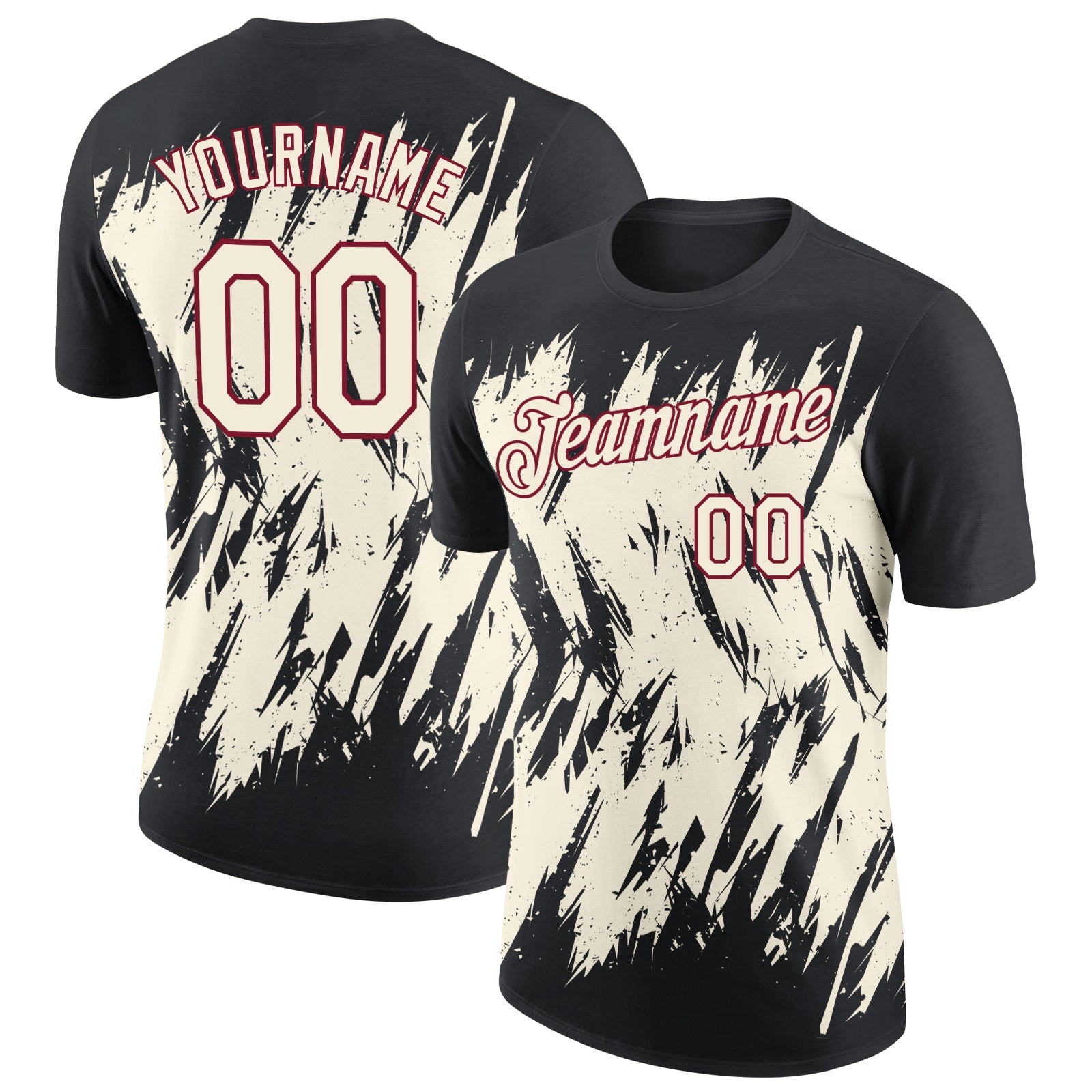 Custom Black Cream-Crimson Torn Sharp Brush Stroke Splatter Performance T-Shirt - Main View