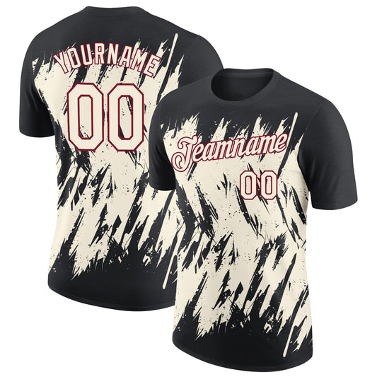 Custom Black Cream-Crimson Torn Sharp Brush Stroke Splatter Performance T-Shirt - Main View