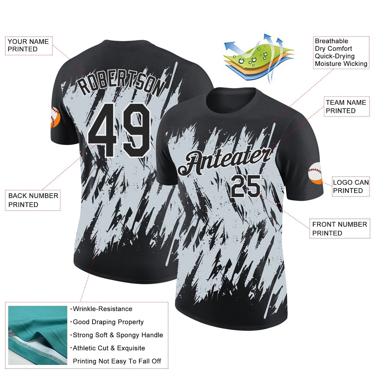 Custom Black Silver-White Torn Sharp Brush Stroke Splatter Performance T-Shirt view 2