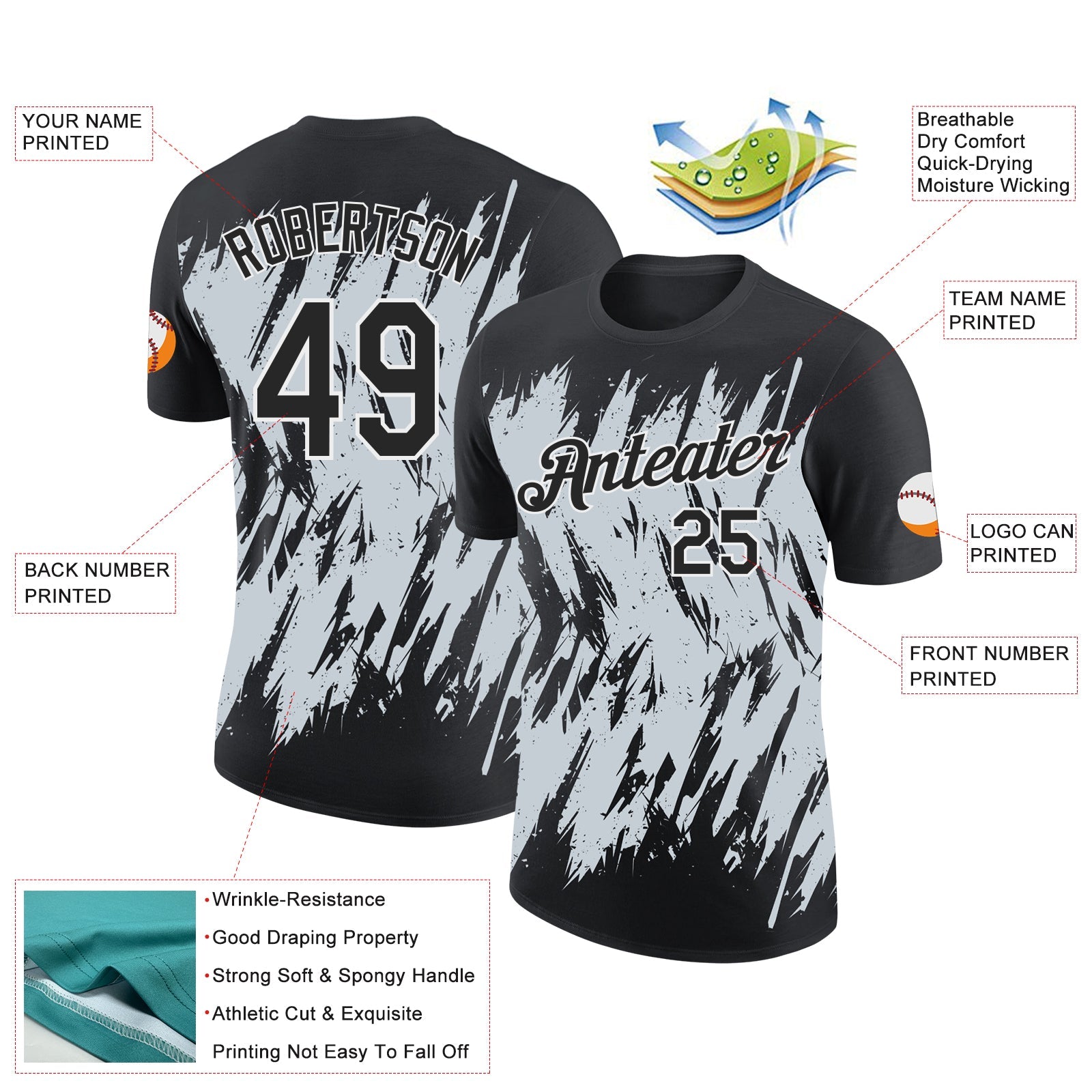 Custom Black Silver-White Torn Sharp Brush Stroke Splatter Performance T-Shirt view 2