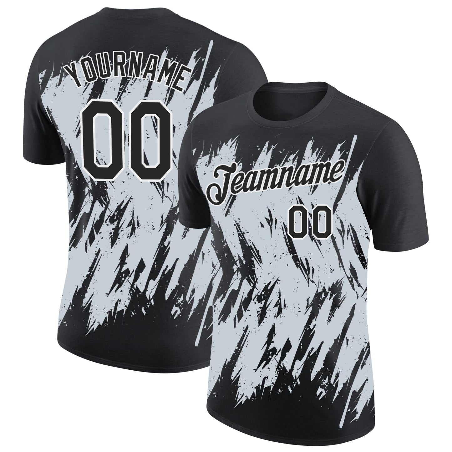 Custom Black Silver-White Torn Sharp Brush Stroke Splatter Performance T-Shirt - Main View