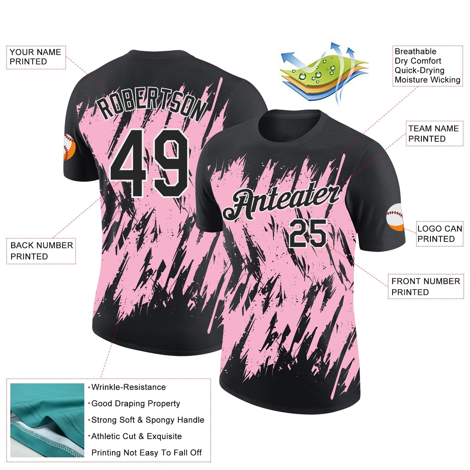 Custom Black Light Pink-White Torn Sharp Brush Stroke Splatter Performance T-Shirt view 2