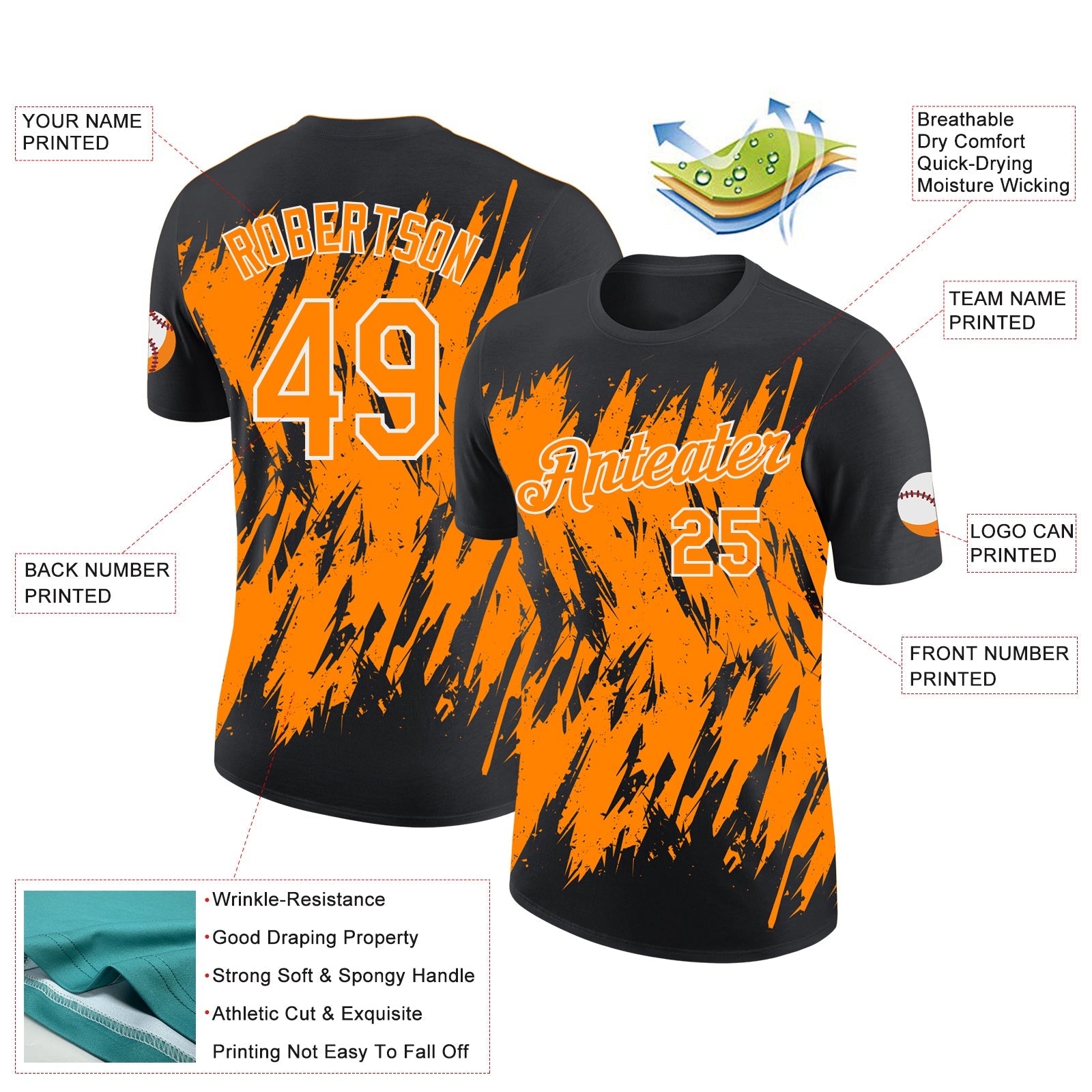 Custom Black Bay Orange-White Torn Sharp Brush Stroke Splatter Performance T-Shirt view 2