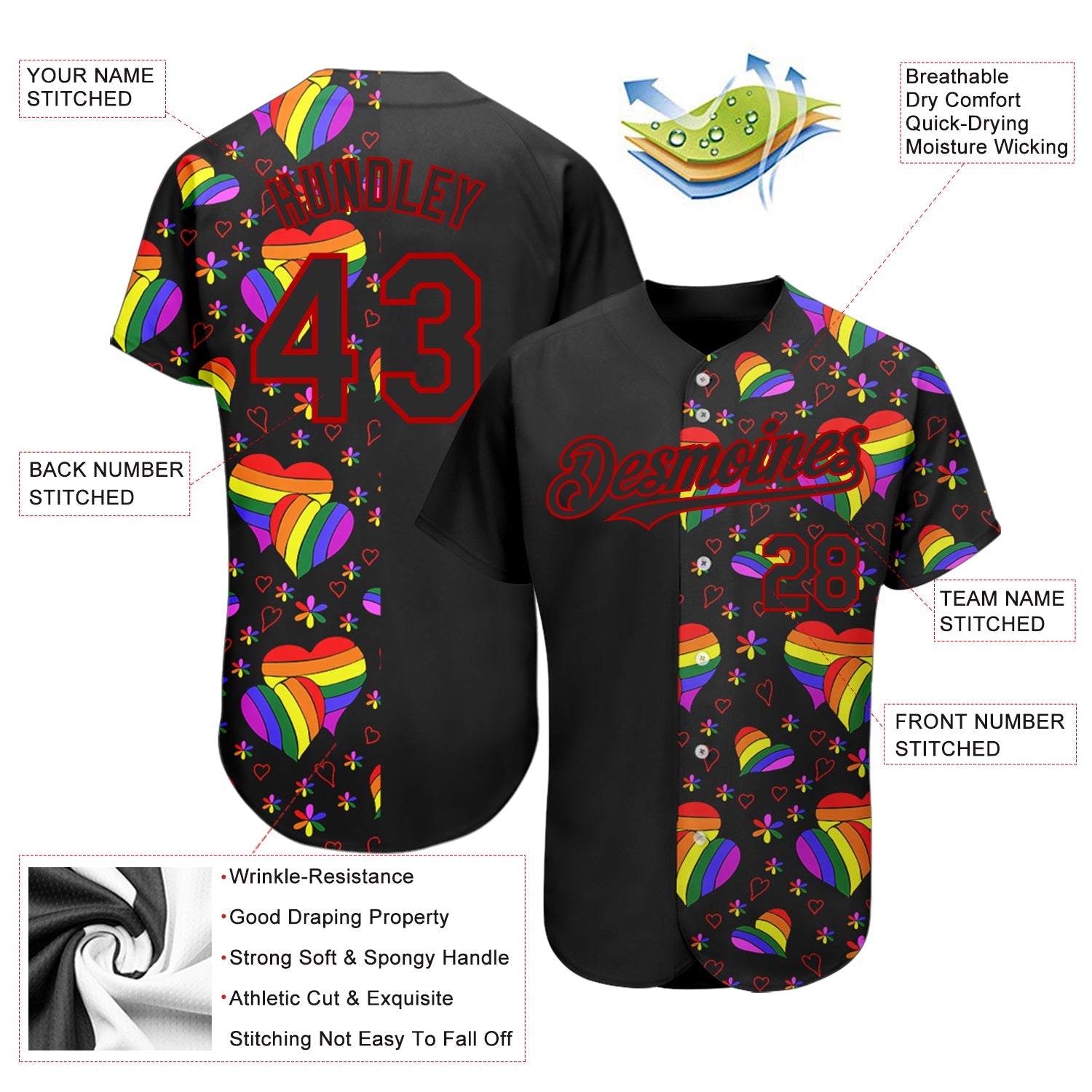 Custom Rainbow For Pride Month Love Is Love LGBT 3D Authentic Baseball Jersey view 3