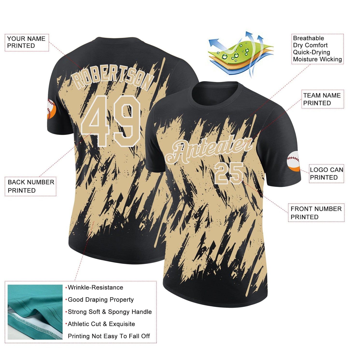 Custom Black Vegas Gold-White Torn Sharp Brush Stroke Splatter Performance T-Shirt view 2