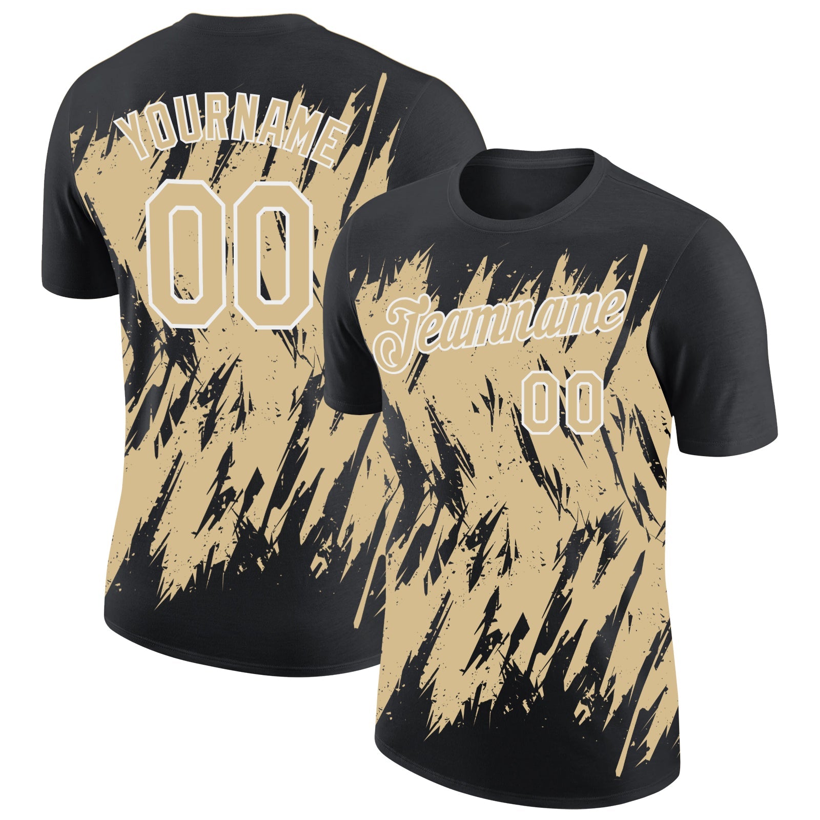 Custom Black Vegas Gold-White Torn Sharp Brush Stroke Splatter Performance T-Shirt - Main View