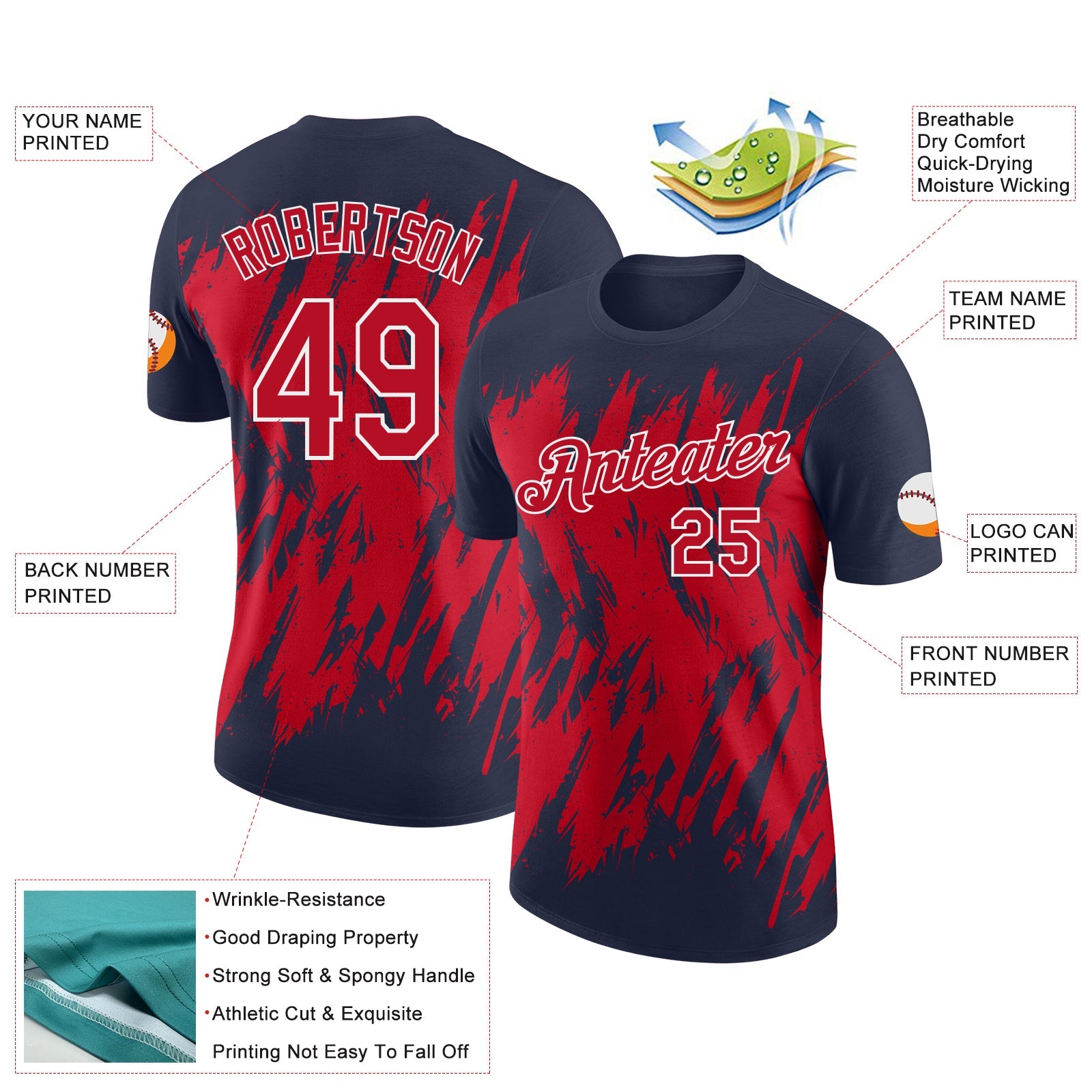 Custom Navy Red-White Torn Sharp Brush Stroke Splatter Performance T-Shirt view 2