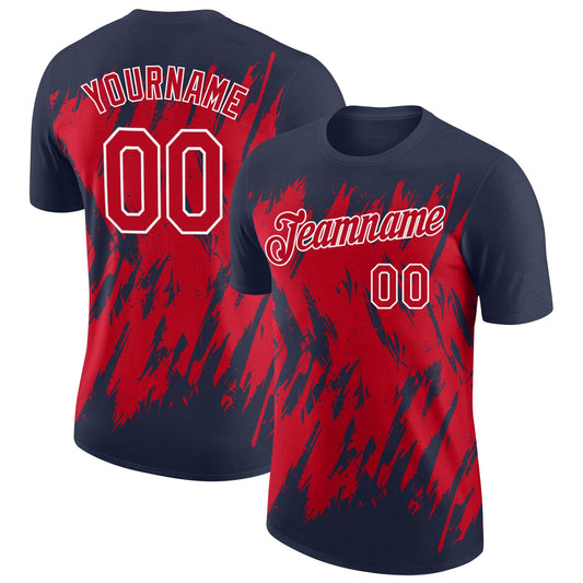 Custom Navy Red-White Torn Sharp Brush Stroke Splatter Performance T-Shirt - Main View