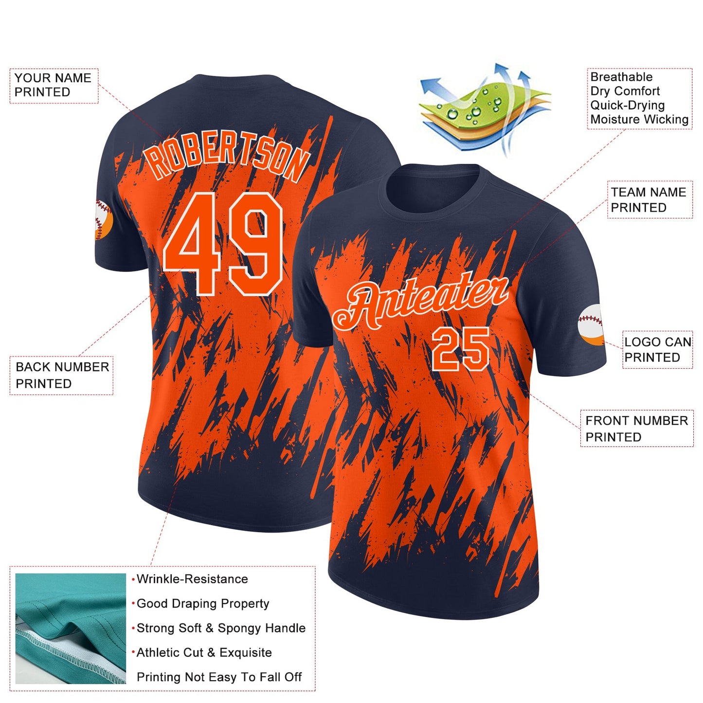 Custom Navy Orange-White Torn Sharp Brush Stroke Splatter Performance T-Shirt view 2