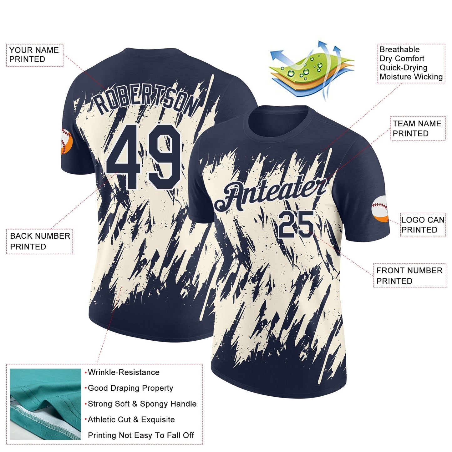 Custom Navy Cream-White Torn Sharp Brush Stroke Splatter Performance T-Shirt view 2