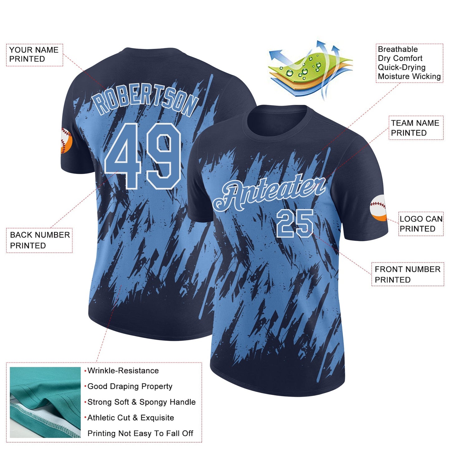 Custom Navy Light Blue-White Torn Sharp Brush Stroke Splatter Performance T-Shirt view 2