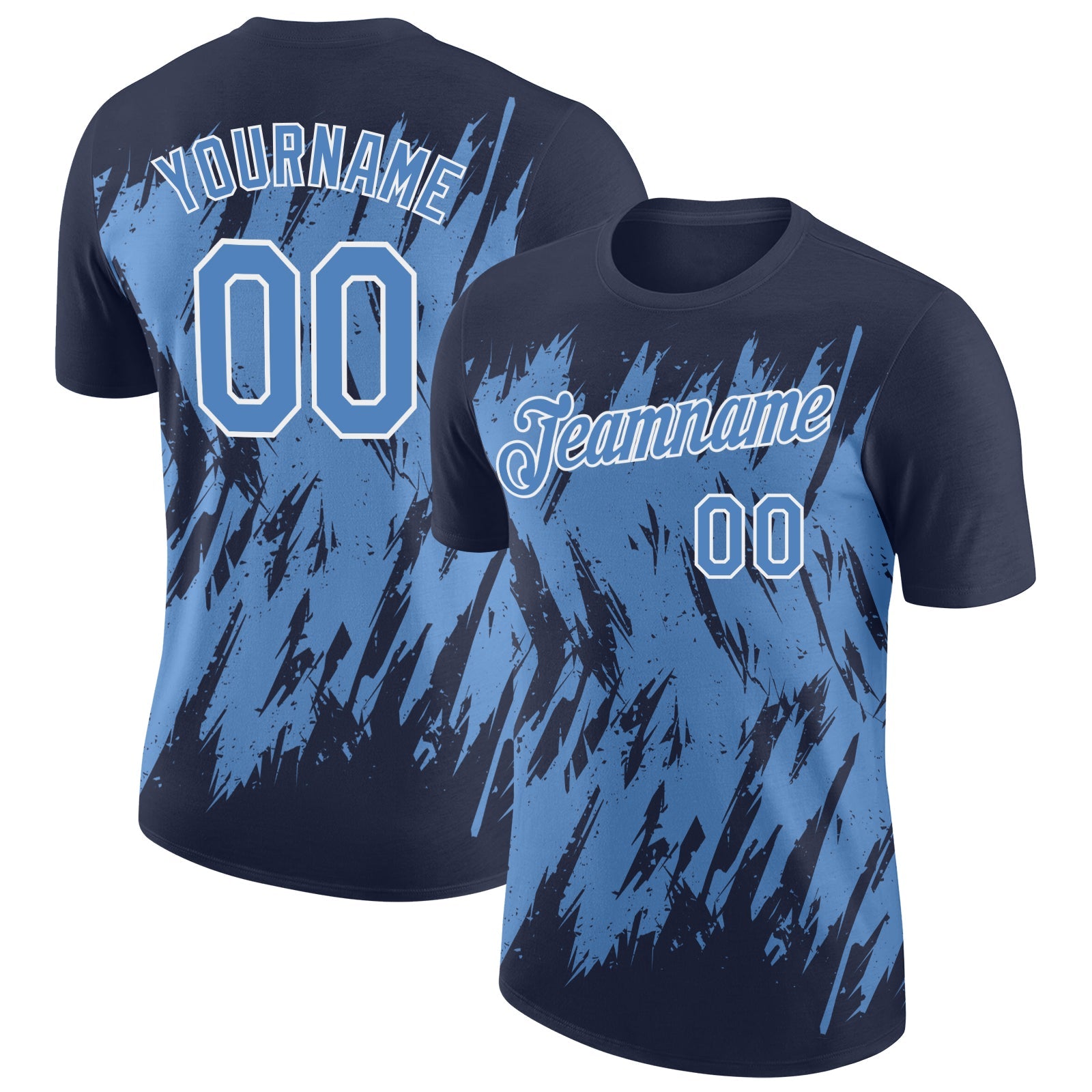 Custom Navy Light Blue-White Torn Sharp Brush Stroke Splatter Performance T-Shirt - Main View