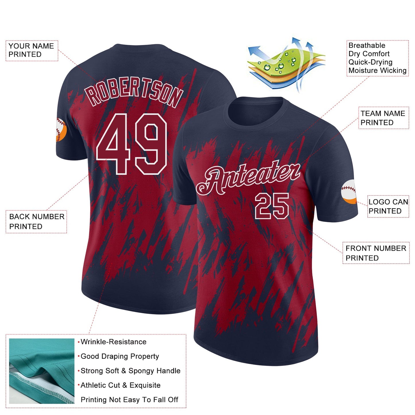 Custom Navy Crimson-White Torn Sharp Brush Stroke Splatter Performance T-Shirt view 2