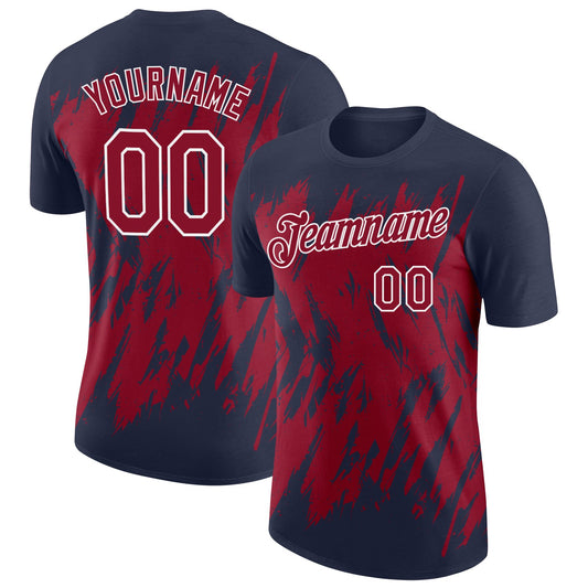 Custom Navy Crimson-White Torn Sharp Brush Stroke Splatter Performance T-Shirt - Main View