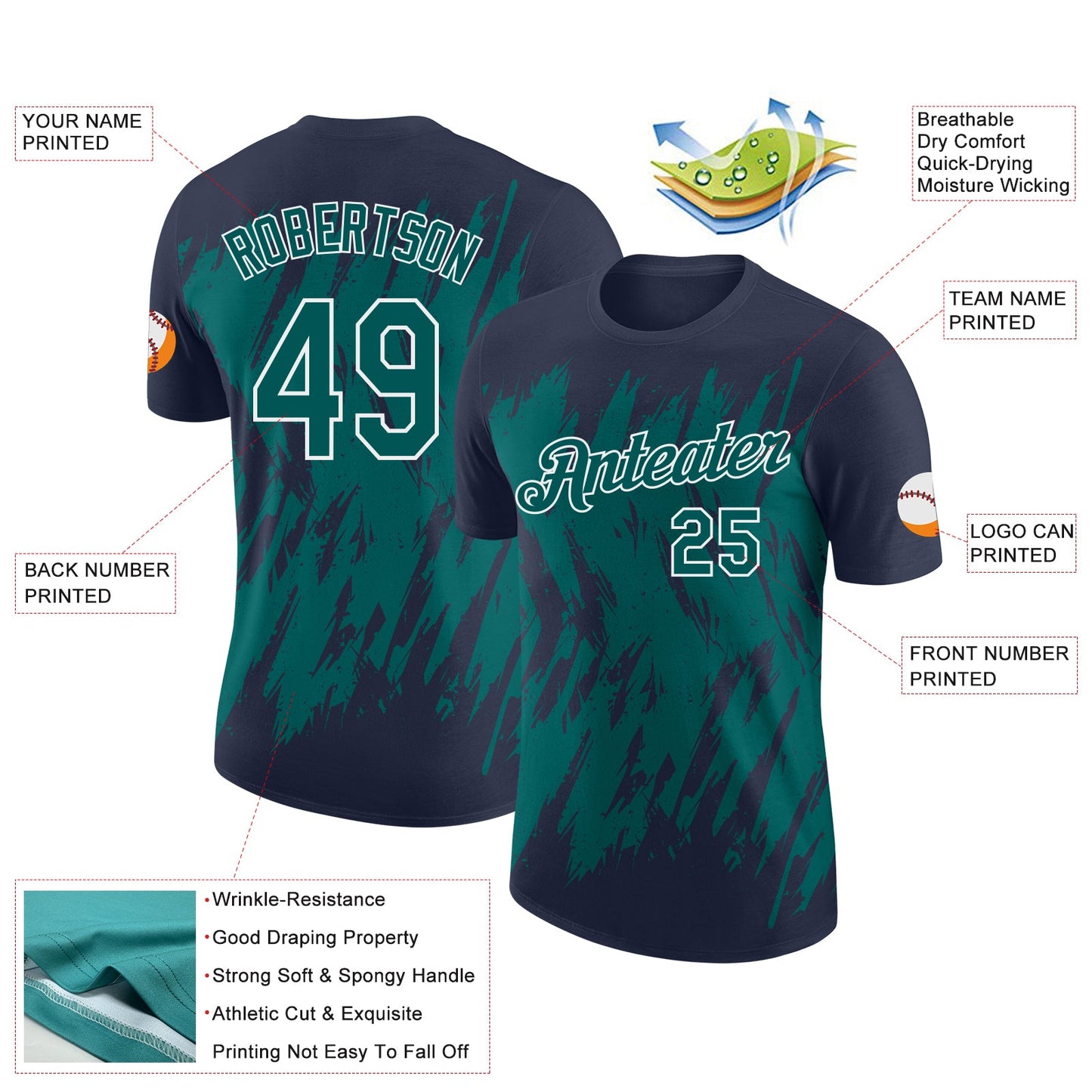 Custom Navy Teal-White Torn Sharp Brush Stroke Splatter Performance T-Shirt view 2