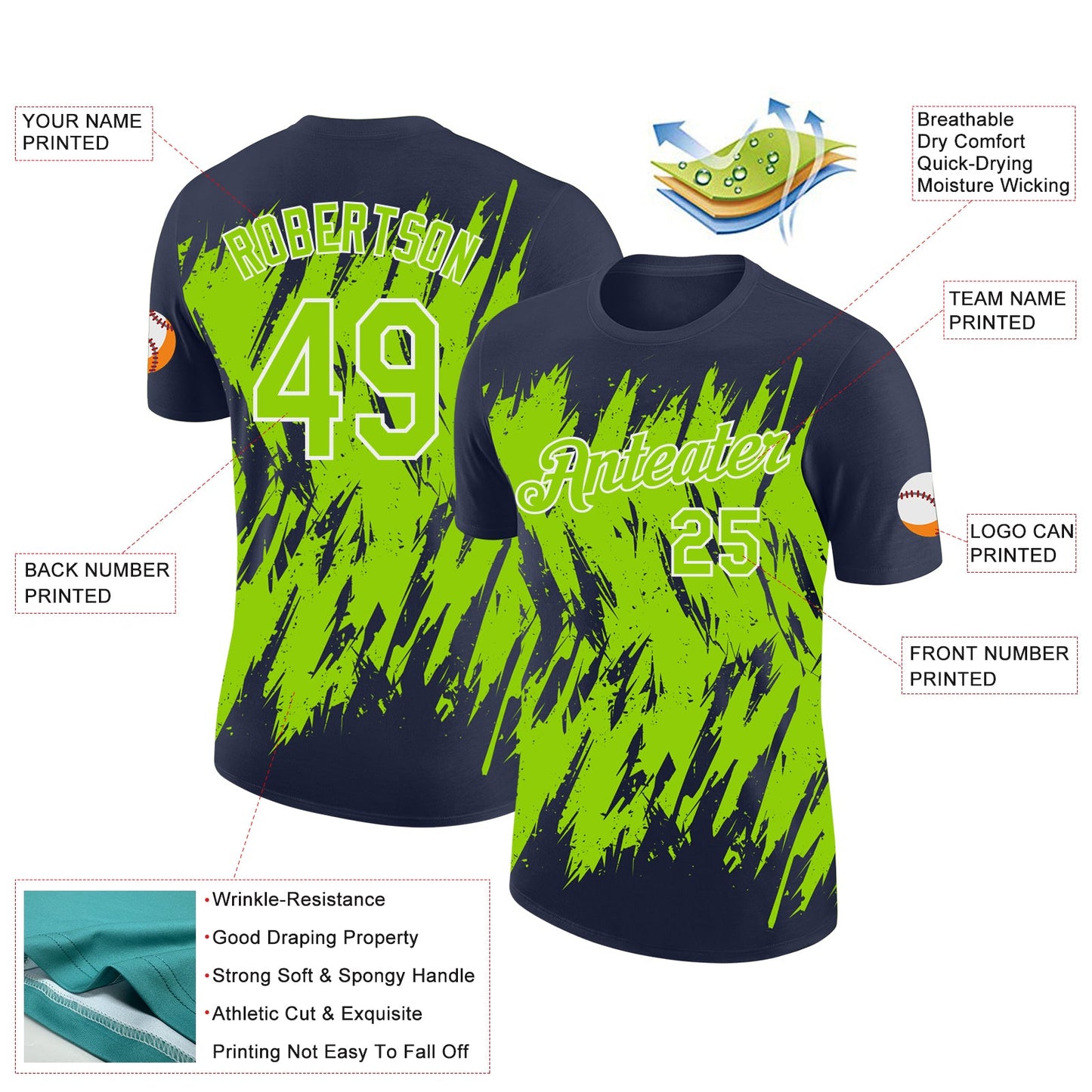 Custom Navy Neon Green-White Torn Sharp Brush Stroke Splatter Performance T-Shirt view 2