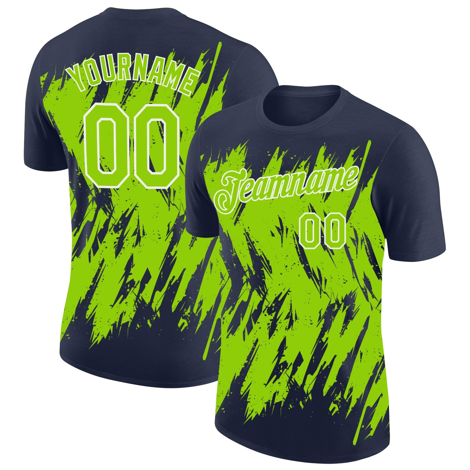 Custom Navy Neon Green-White Torn Sharp Brush Stroke Splatter Performance T-Shirt - Main View