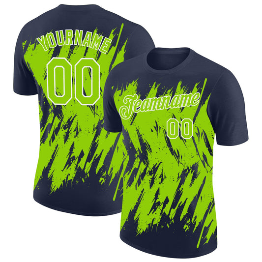 Custom Navy Neon Green-White Torn Sharp Brush Stroke Splatter Performance T-Shirt - Main View
