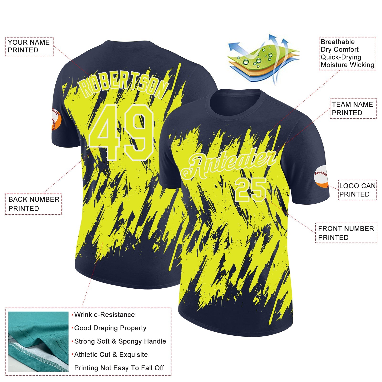 Custom Navy Neon Yellow-White Torn Sharp Brush Stroke Splatter Performance T-Shirt view 2