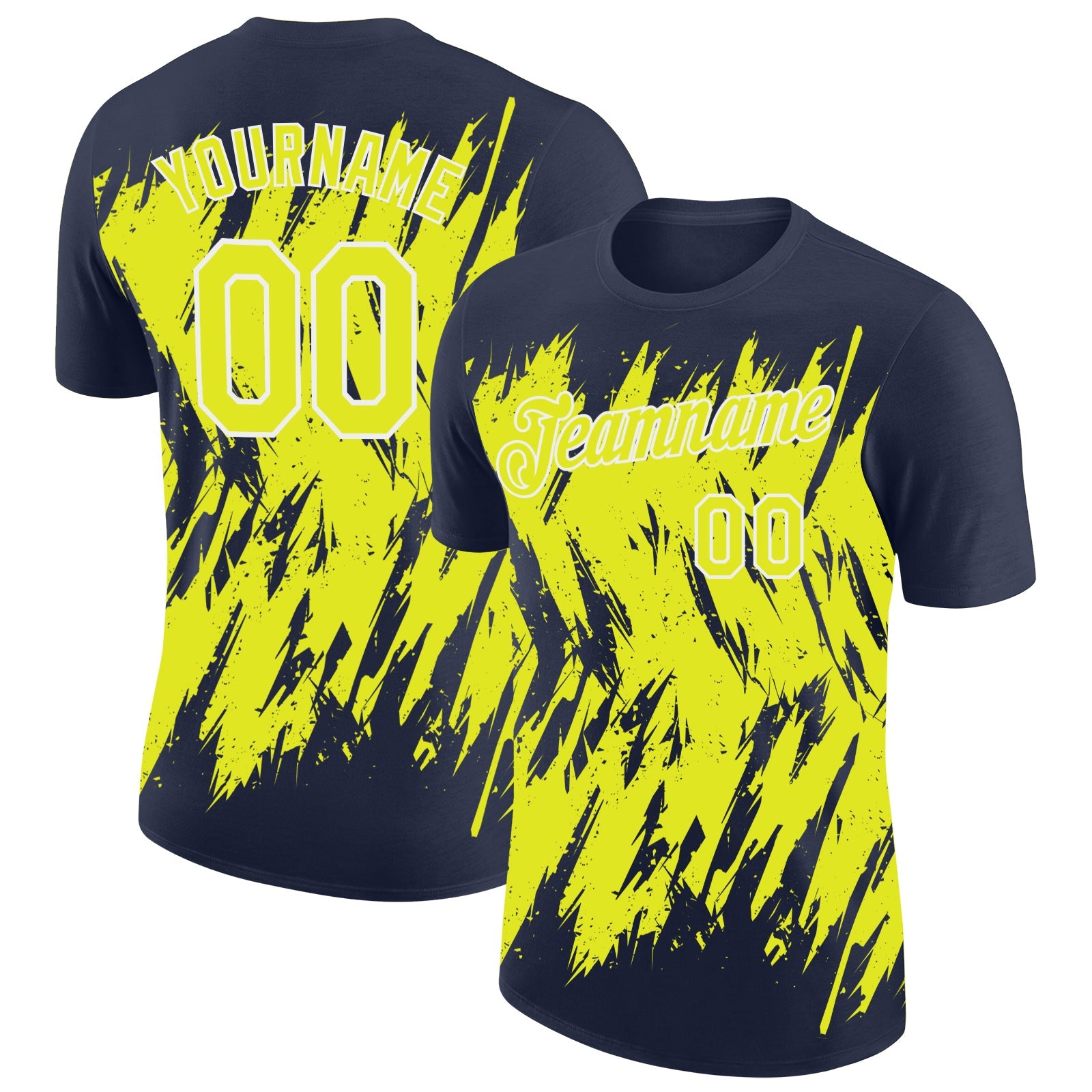 Custom Navy Neon Yellow-White Torn Sharp Brush Stroke Splatter Performance T-Shirt - Main View