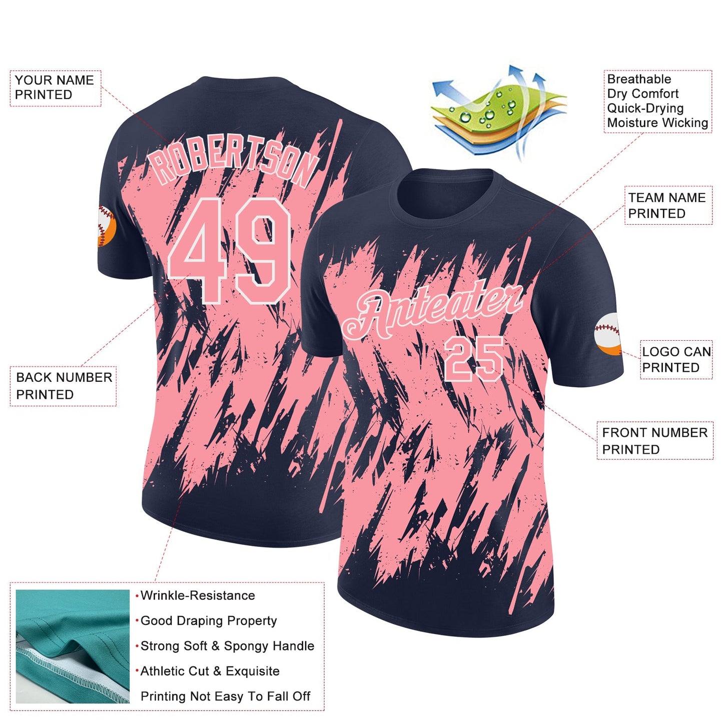 Custom Navy Medium Pink-White Torn Sharp Brush Stroke Splatter Performance T-Shirt view 2