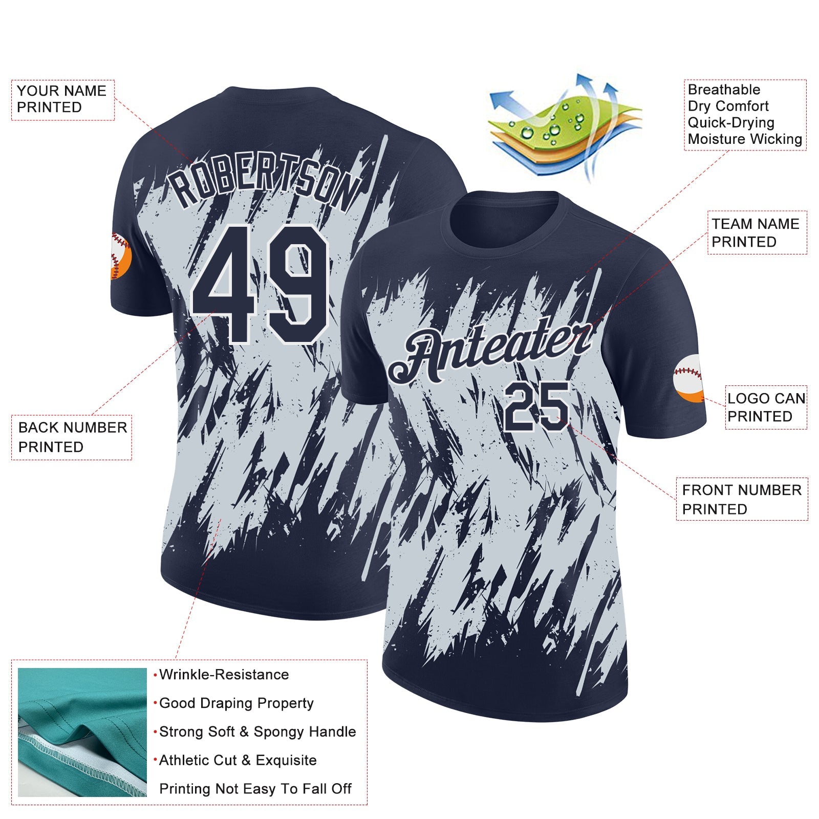 Custom Navy Silver-White Torn Sharp Brush Stroke Splatter Performance T-Shirt view 2