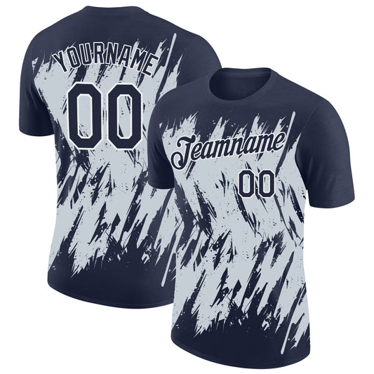 Custom Navy Silver-White Torn Sharp Brush Stroke Splatter Performance T-Shirt - Main View