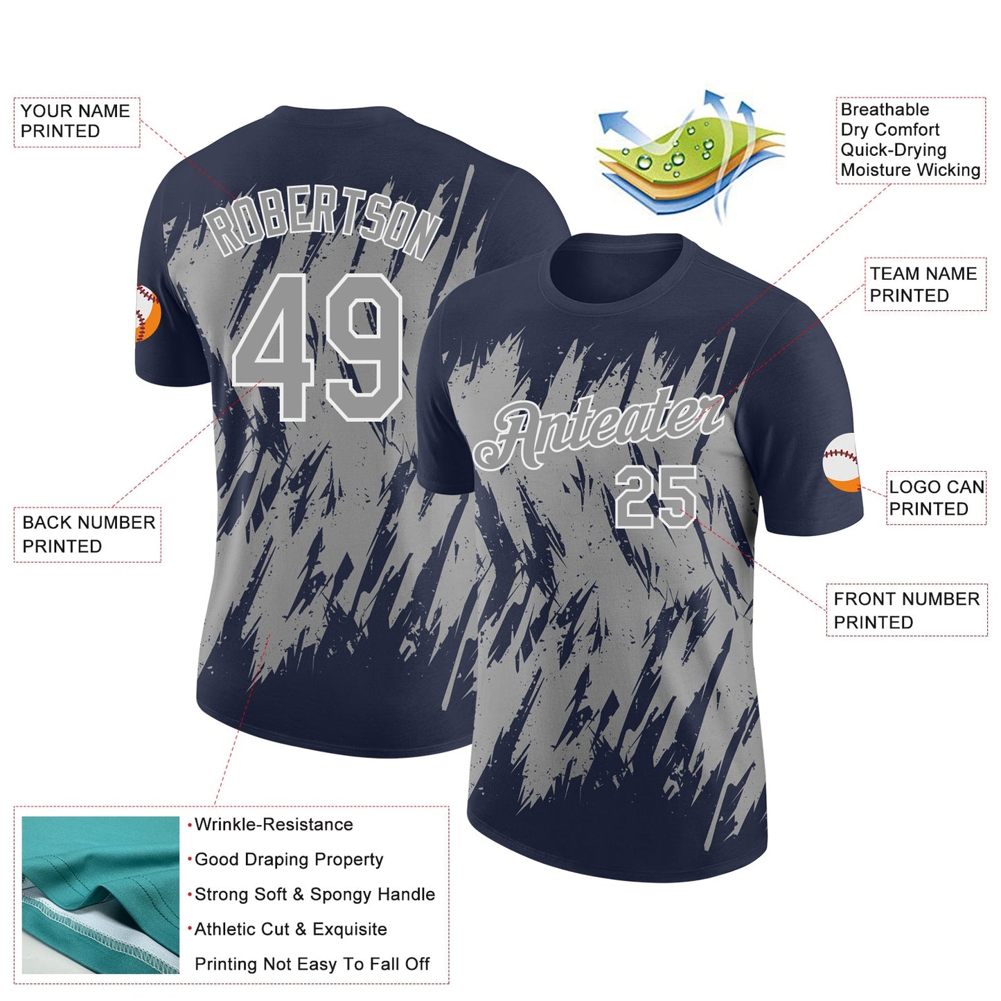 Custom Navy Gray-White Torn Sharp Brush Stroke Splatter Performance T-Shirt view 2