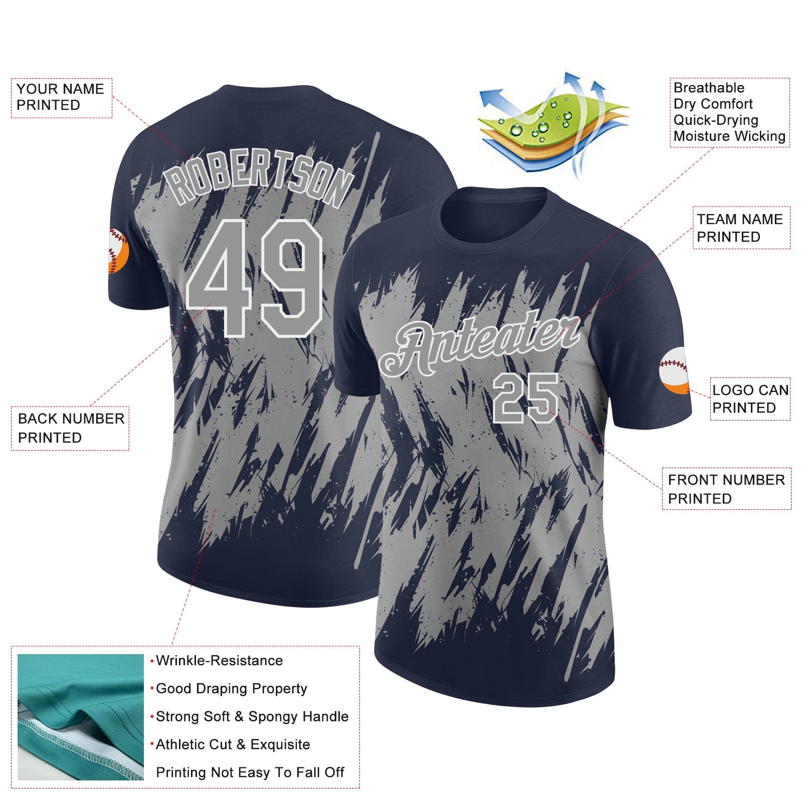 Custom Navy Gray-White Torn Sharp Brush Stroke Splatter Performance T-Shirt view 2