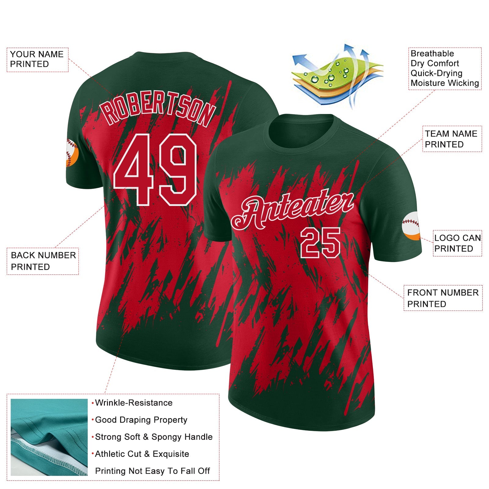 Custom Green Red-White Torn Sharp Brush Stroke Splatter Performance T-Shirt view 2