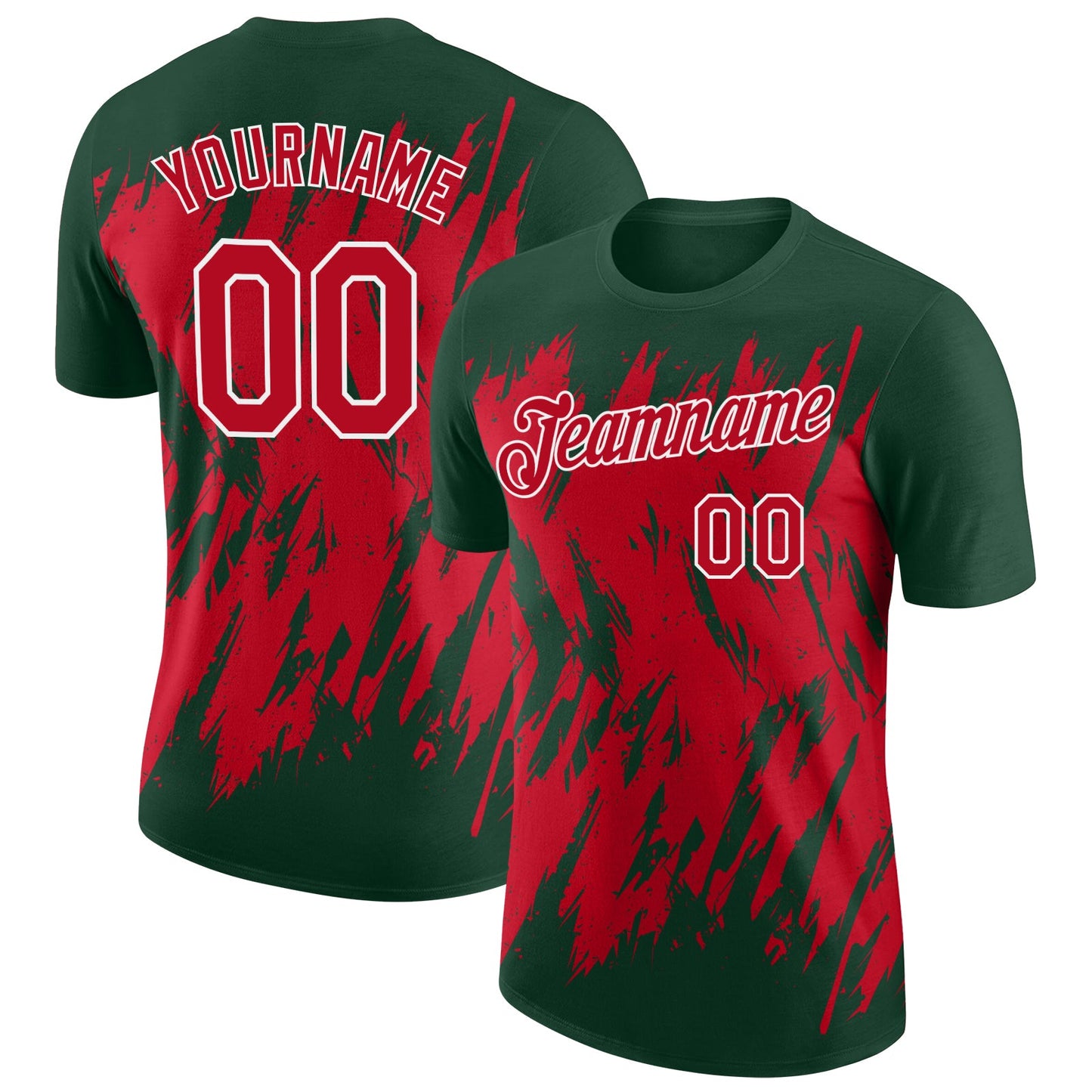 Custom Green Red-White Torn Sharp Brush Stroke Splatter Performance T-Shirt - Main View