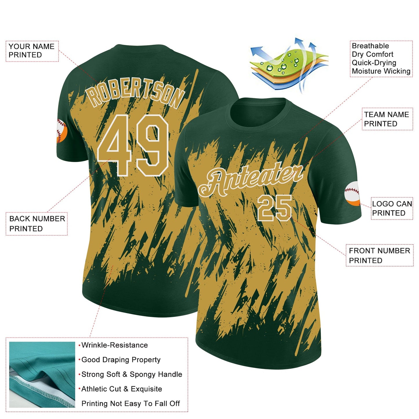 Custom Green Old Gold-White Torn Sharp Brush Stroke Splatter Performance T-Shirt view 2