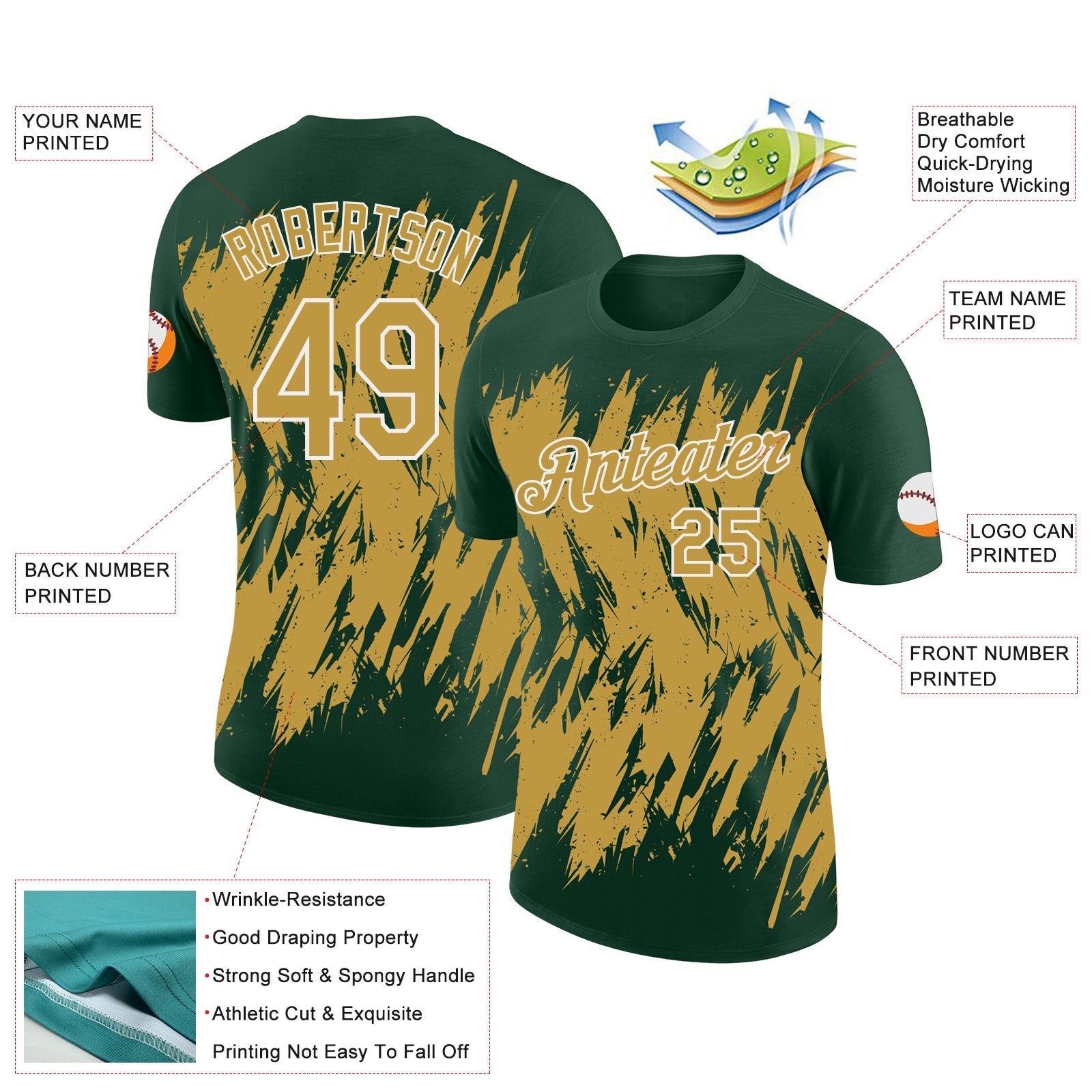 Custom Green Old Gold-White Torn Sharp Brush Stroke Splatter Performance T-Shirt view 2