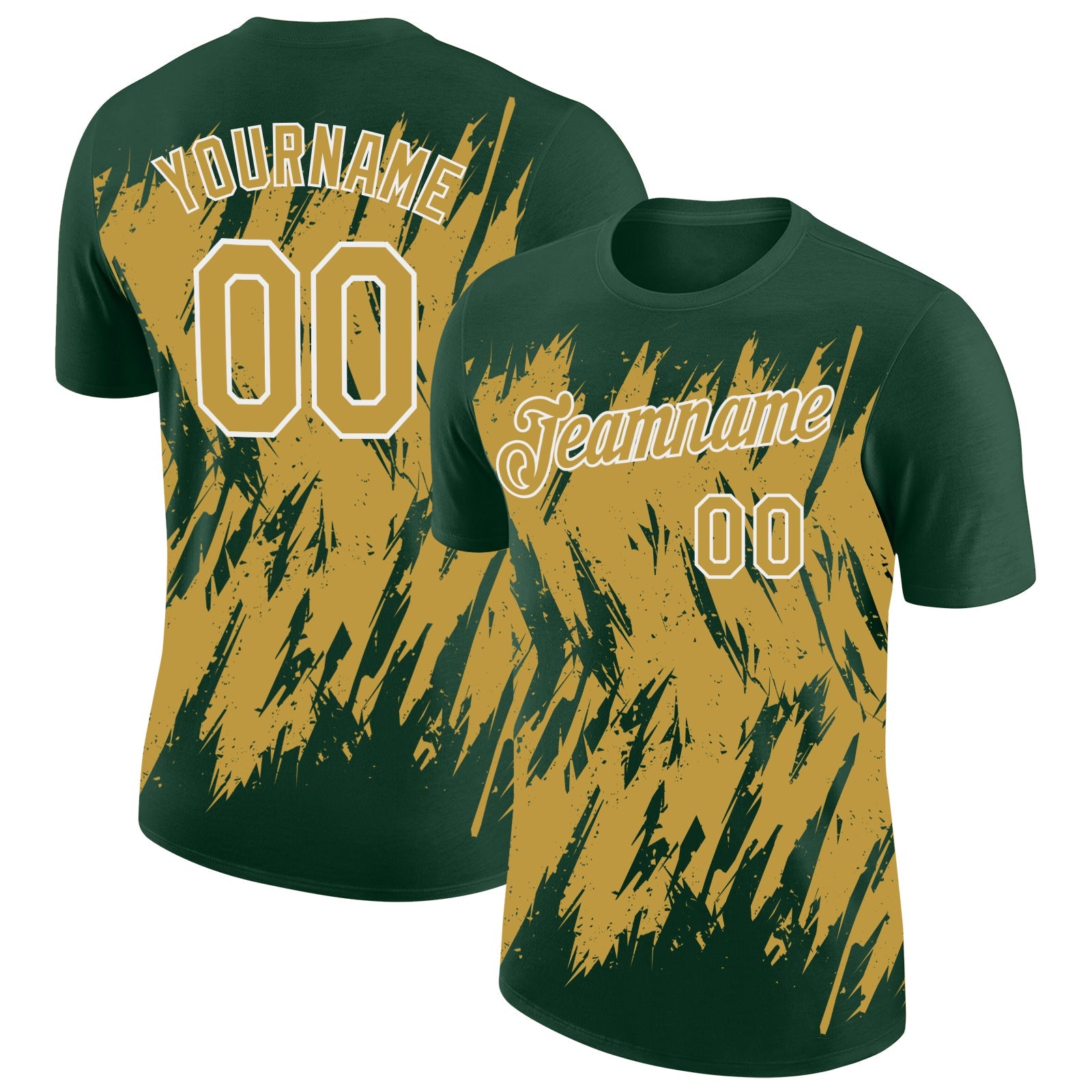 Custom Green Old Gold-White Torn Sharp Brush Stroke Splatter Performance T-Shirt - Main View