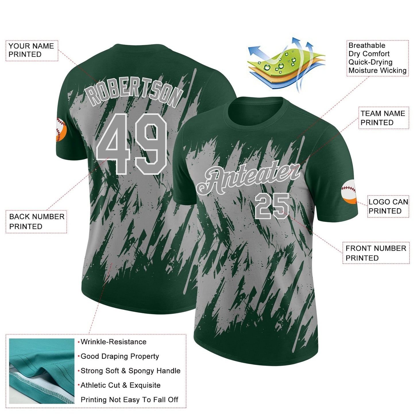 Custom Green Gray-White Torn Sharp Brush Stroke Splatter Performance T-Shirt view 2
