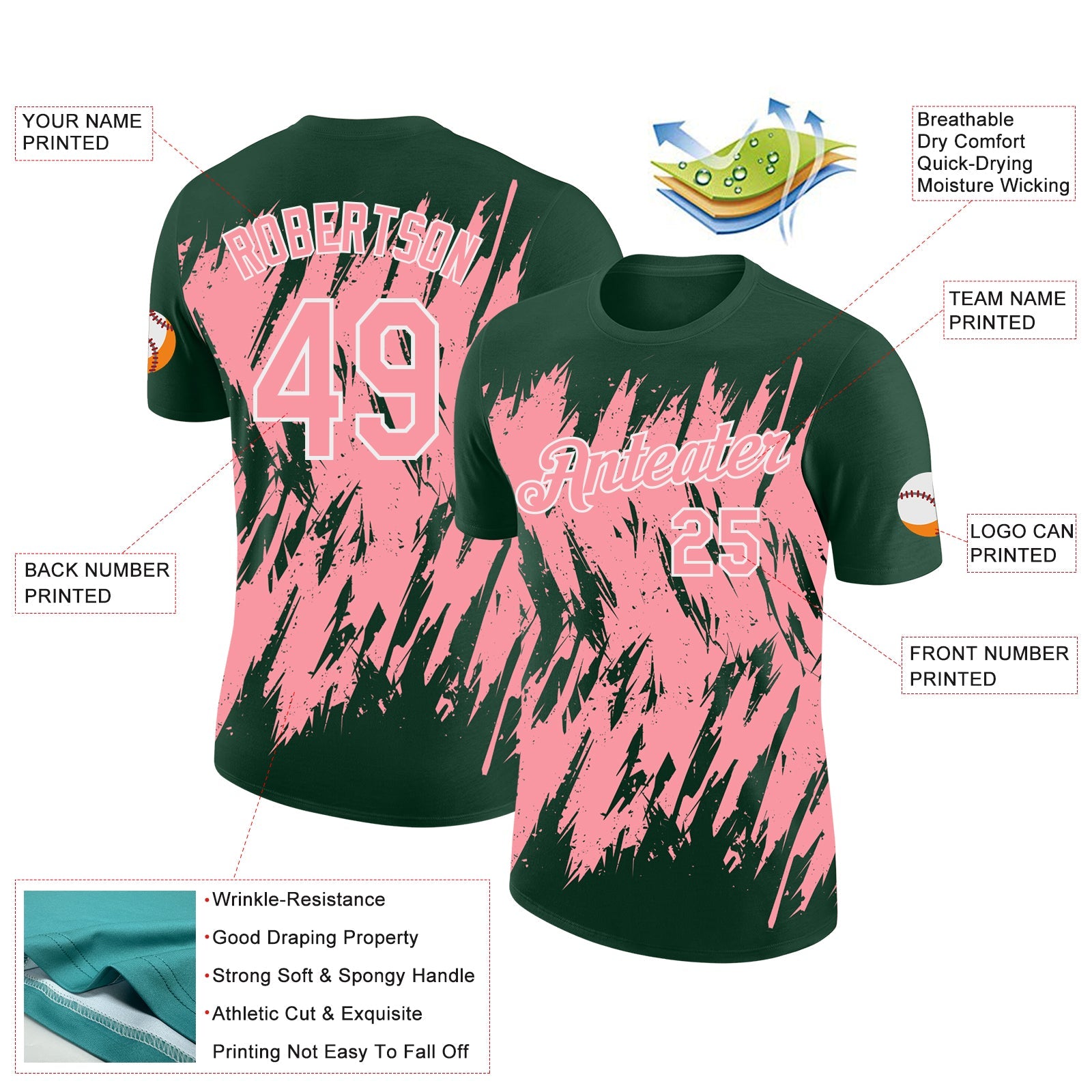 Custom Green Medium Pink-White Torn Sharp Brush Stroke Splatter Performance T-Shirt view 2