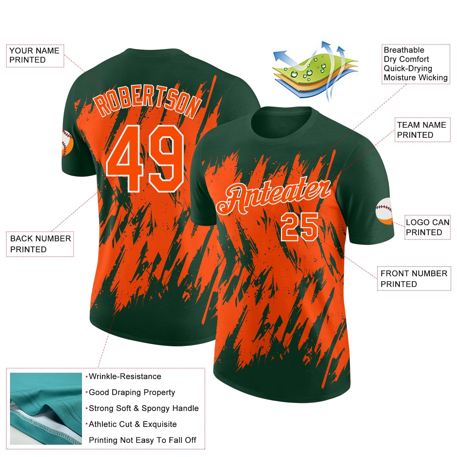 Custom Green Orange-White Torn Sharp Brush Stroke Splatter Performance T-Shirt view 2