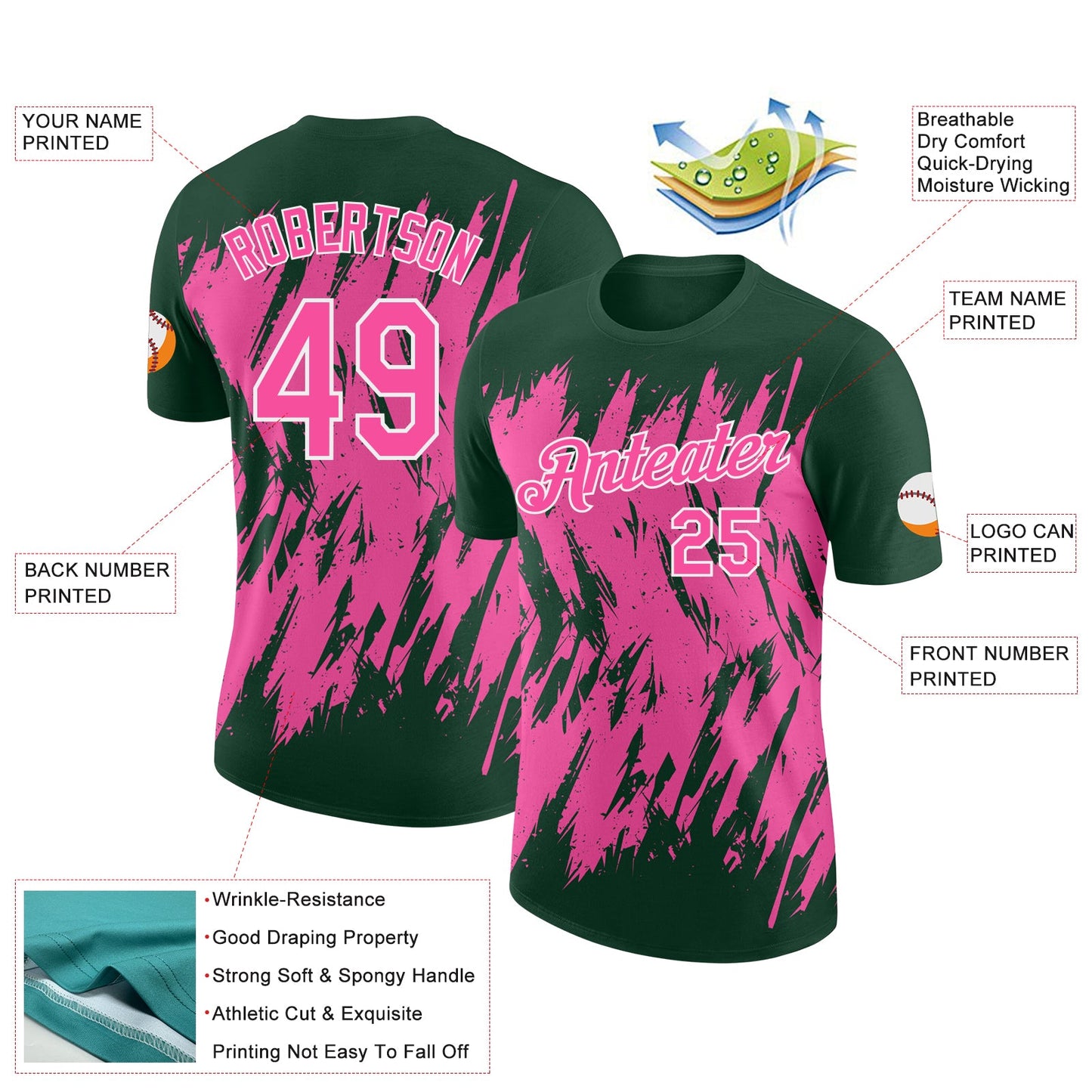 Custom Green Pink-White Torn Sharp Brush Stroke Splatter Performance T-Shirt view 2