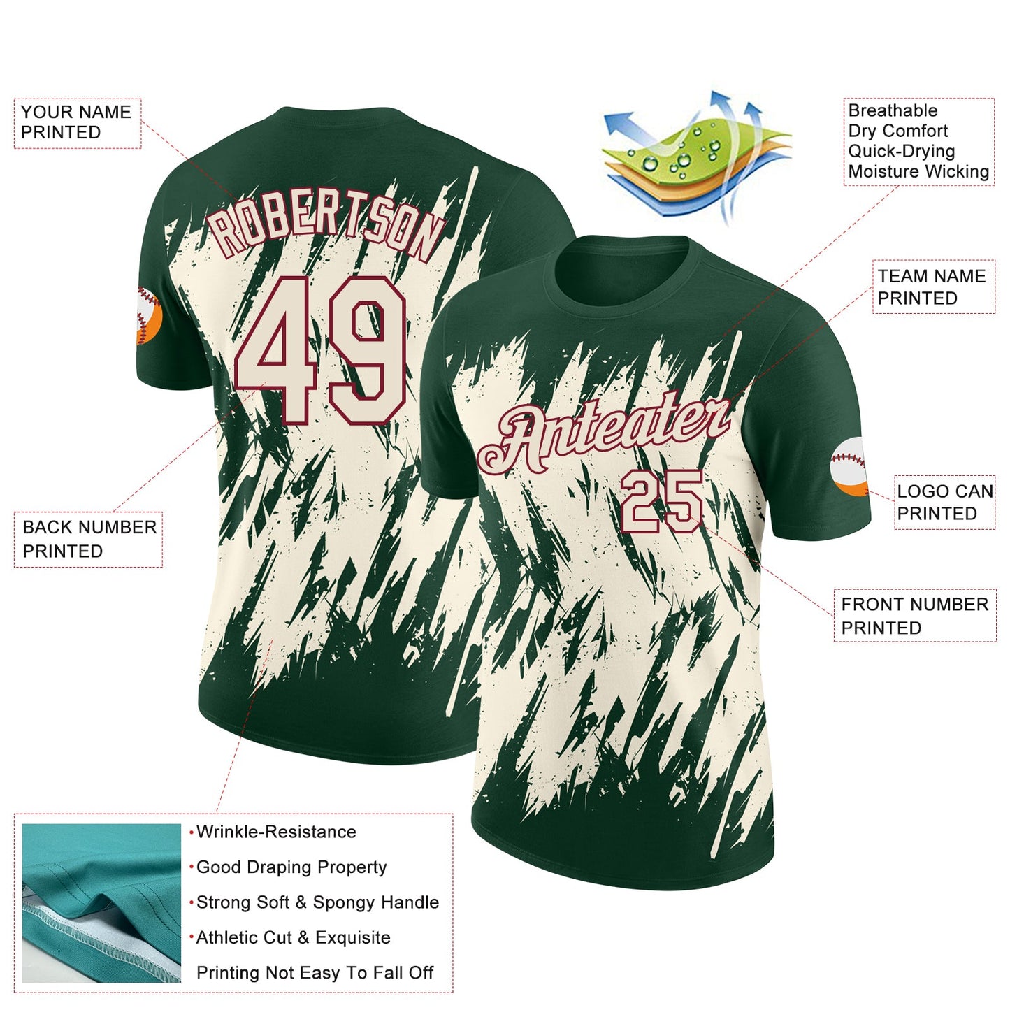 Custom Green Cream-Crimson Torn Sharp Brush Stroke Splatter Performance T-Shirt view 2