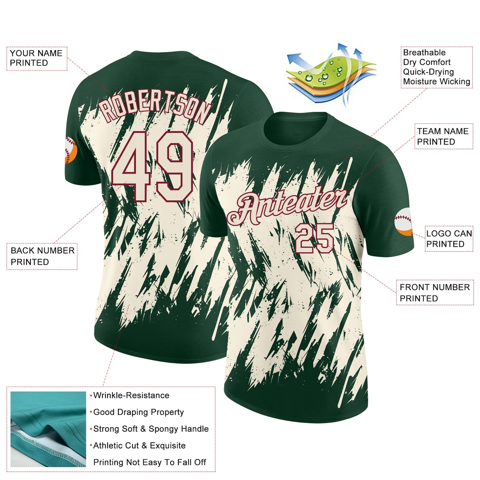 Custom Green Cream-Crimson Torn Sharp Brush Stroke Splatter Performance T-Shirt view 2