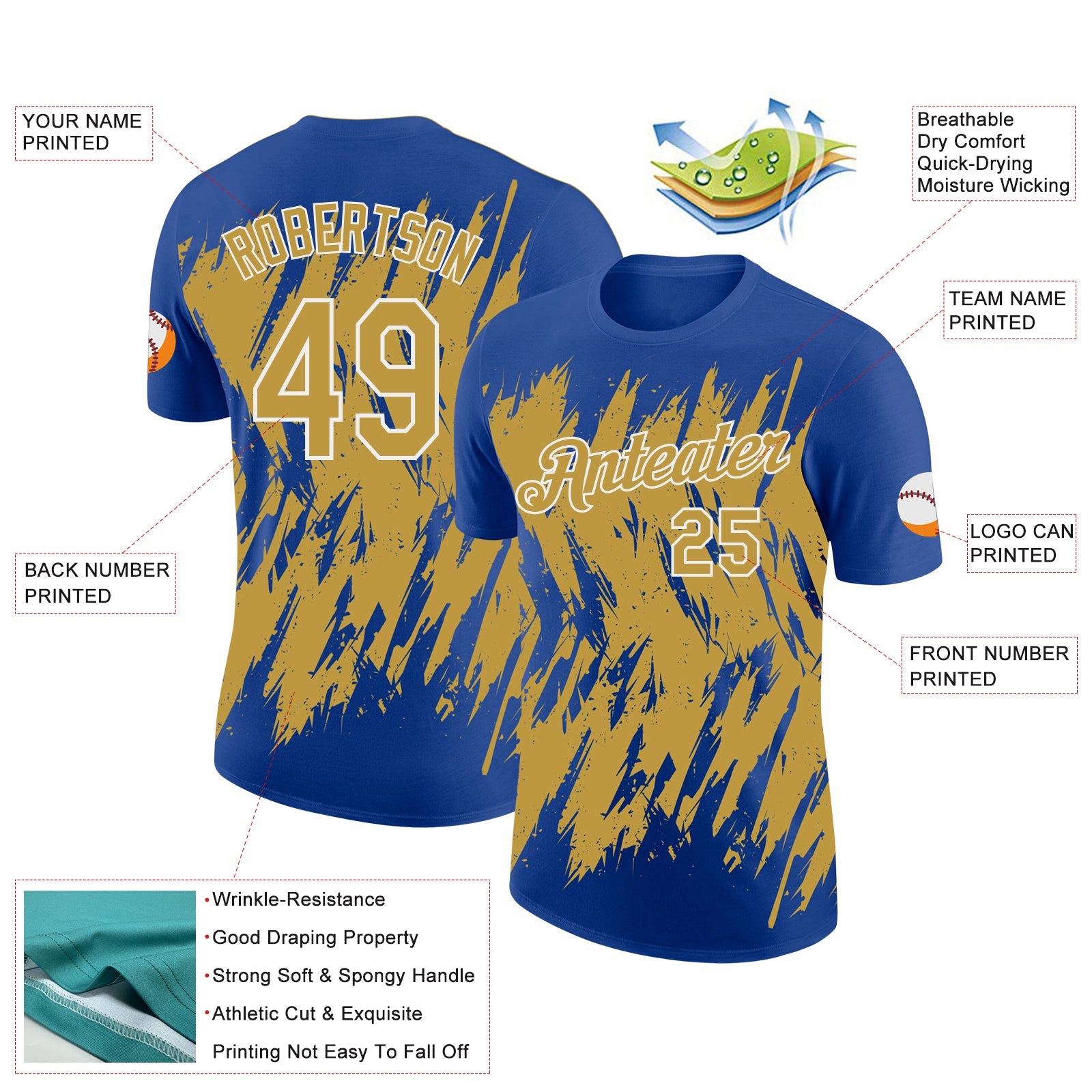 Custom Royal Old Gold-White Torn Sharp Brush Stroke Splatter Performance T-Shirt view 2