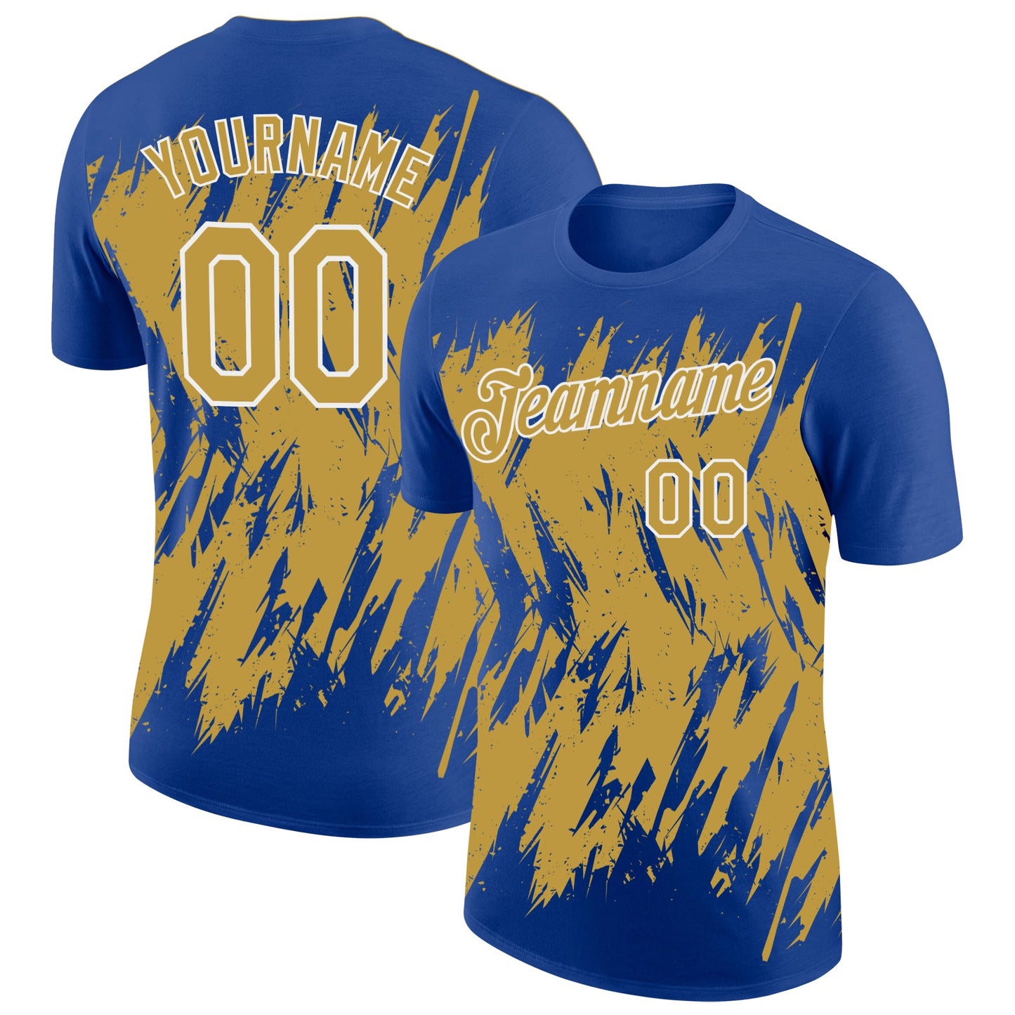 Custom Royal Old Gold-White Torn Sharp Brush Stroke Splatter Performance T-Shirt - Main View
