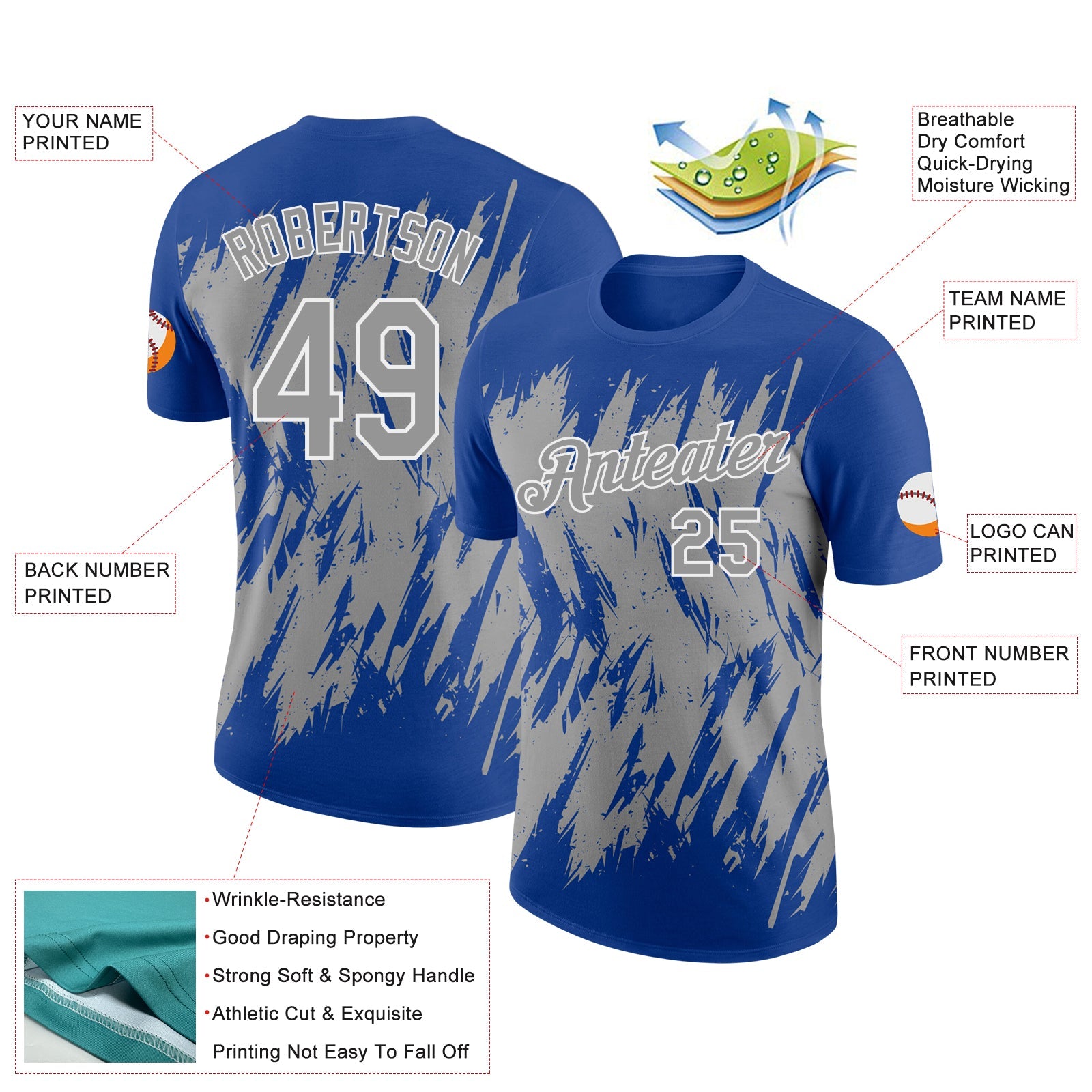 Custom Royal Gray-White Torn Sharp Brush Stroke Splatter Performance T-Shirt view 2