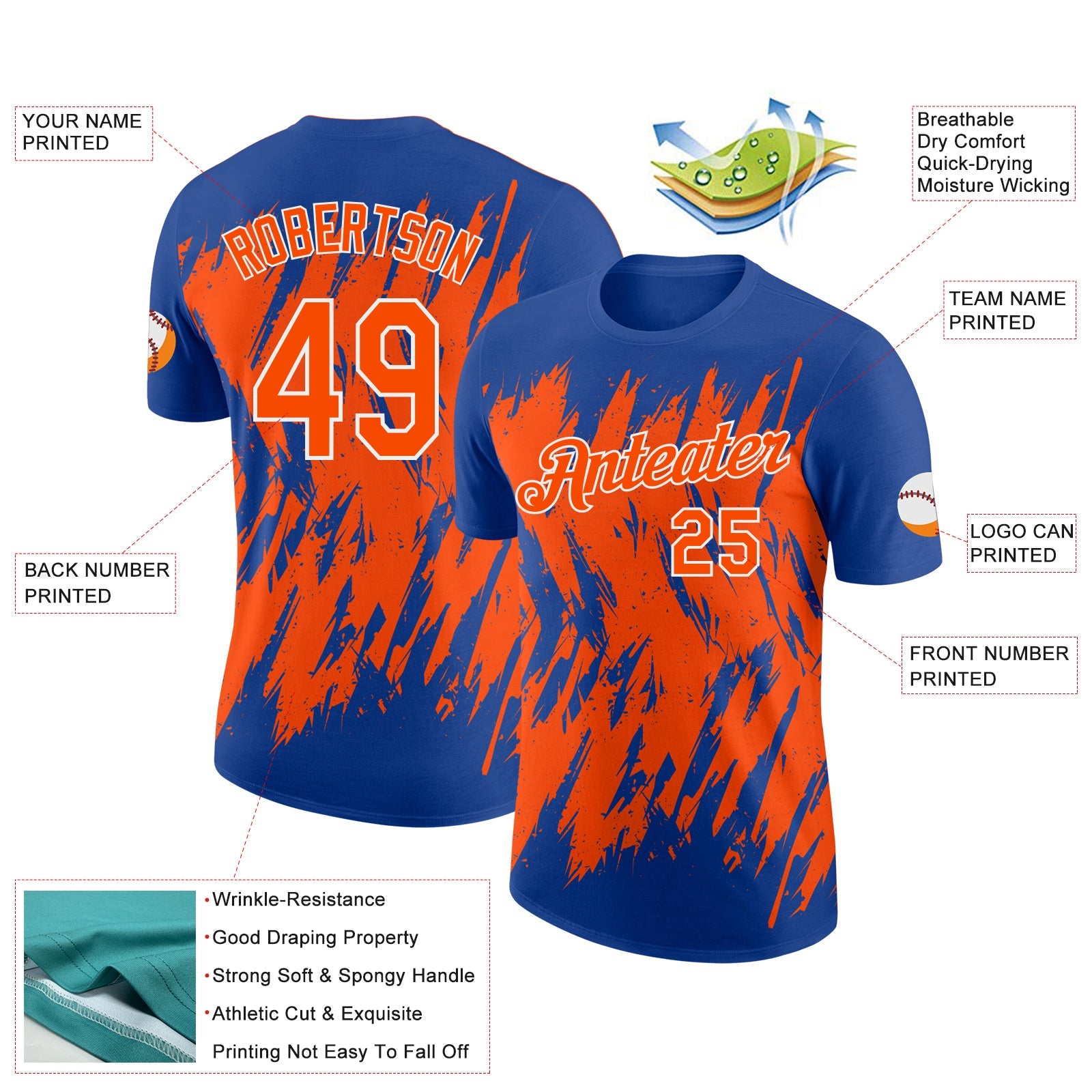 Custom Royal Orange-White Torn Sharp Brush Stroke Splatter Performance T-Shirt view 2