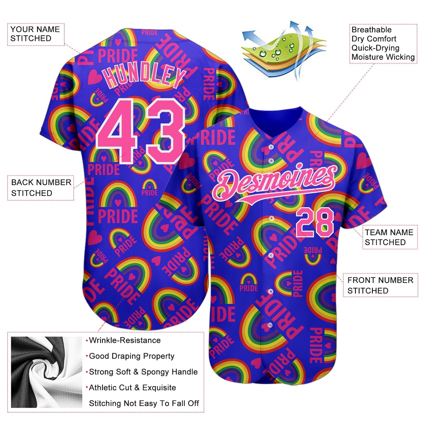 Custom Rainbow For Pride Month Love Is Love LGBT 3D Authentic Baseball Jersey view 3